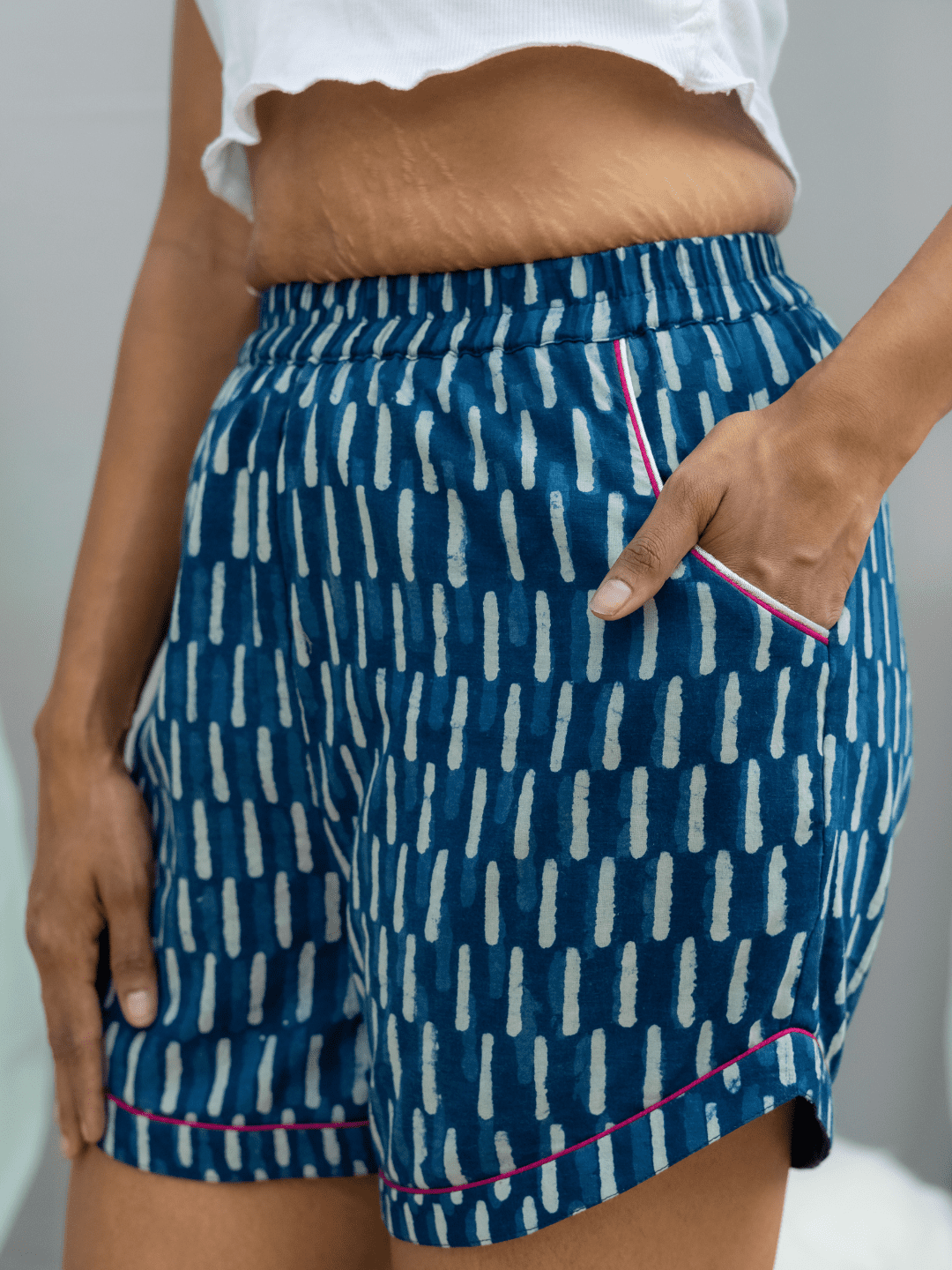 Indigo Dabu Shorts with Fuchsia Piping -Shorts