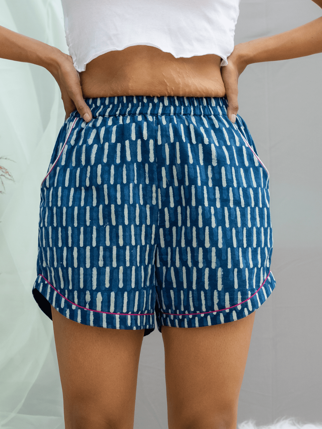 Indigo Dabu Shorts with Fuchsia Piping -Shorts