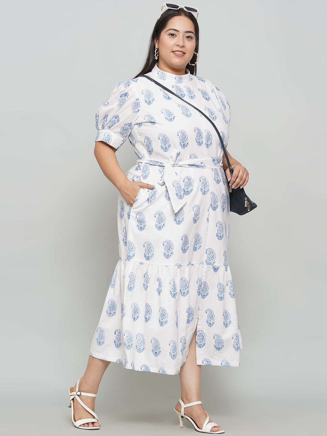 White Cotton Dress with Blue Handblock Printed Paisley