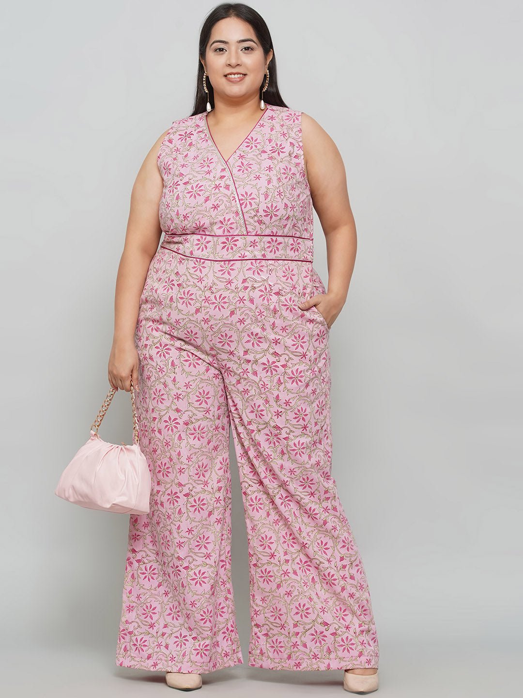 Pink Sanganeri Handblock Printed Cotton Jumpsuit -
