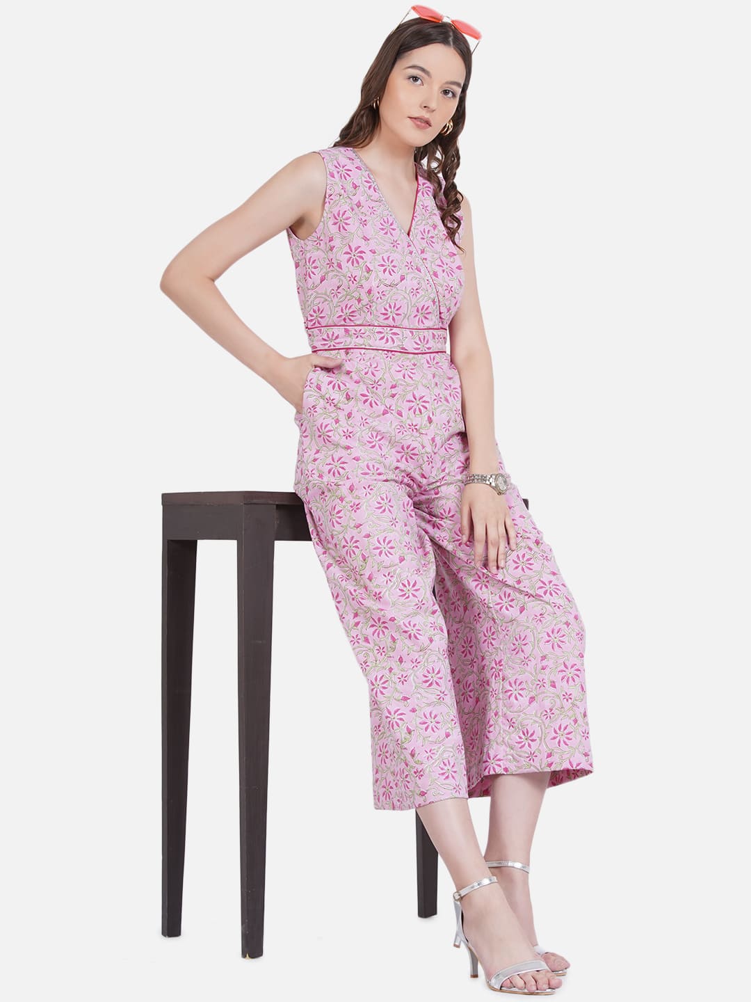 Pink Sanganeri Handblock Printed Cotton Jumpsuit