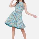 Blue Sanganeri Handblock Printed Backless Cotton Dress