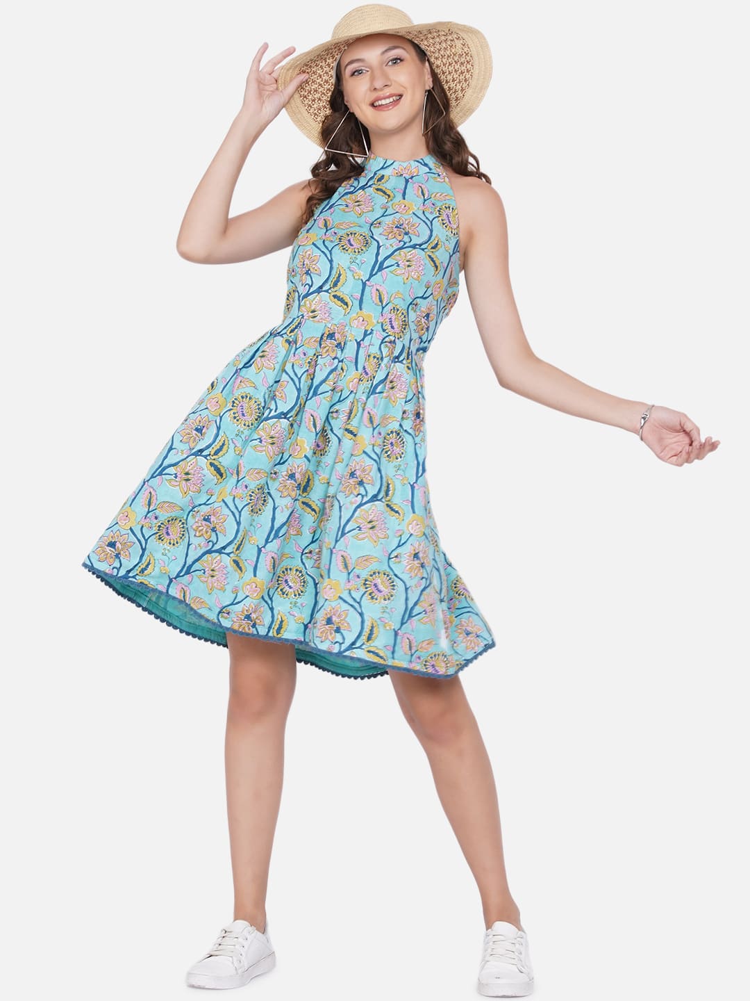 Blue Sanganeri Handblock Printed Backless Cotton Dress