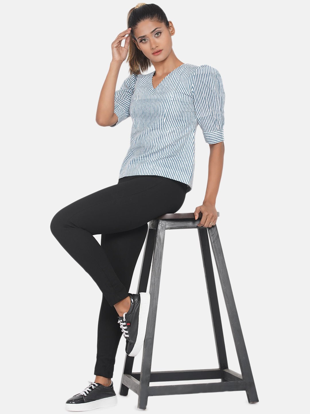 Blue Stripe Handblock Printed Cotton Top -