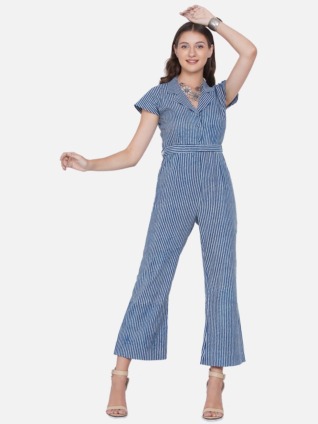 Indigo Handblock Printed Stripe Cotton Jumpsuit