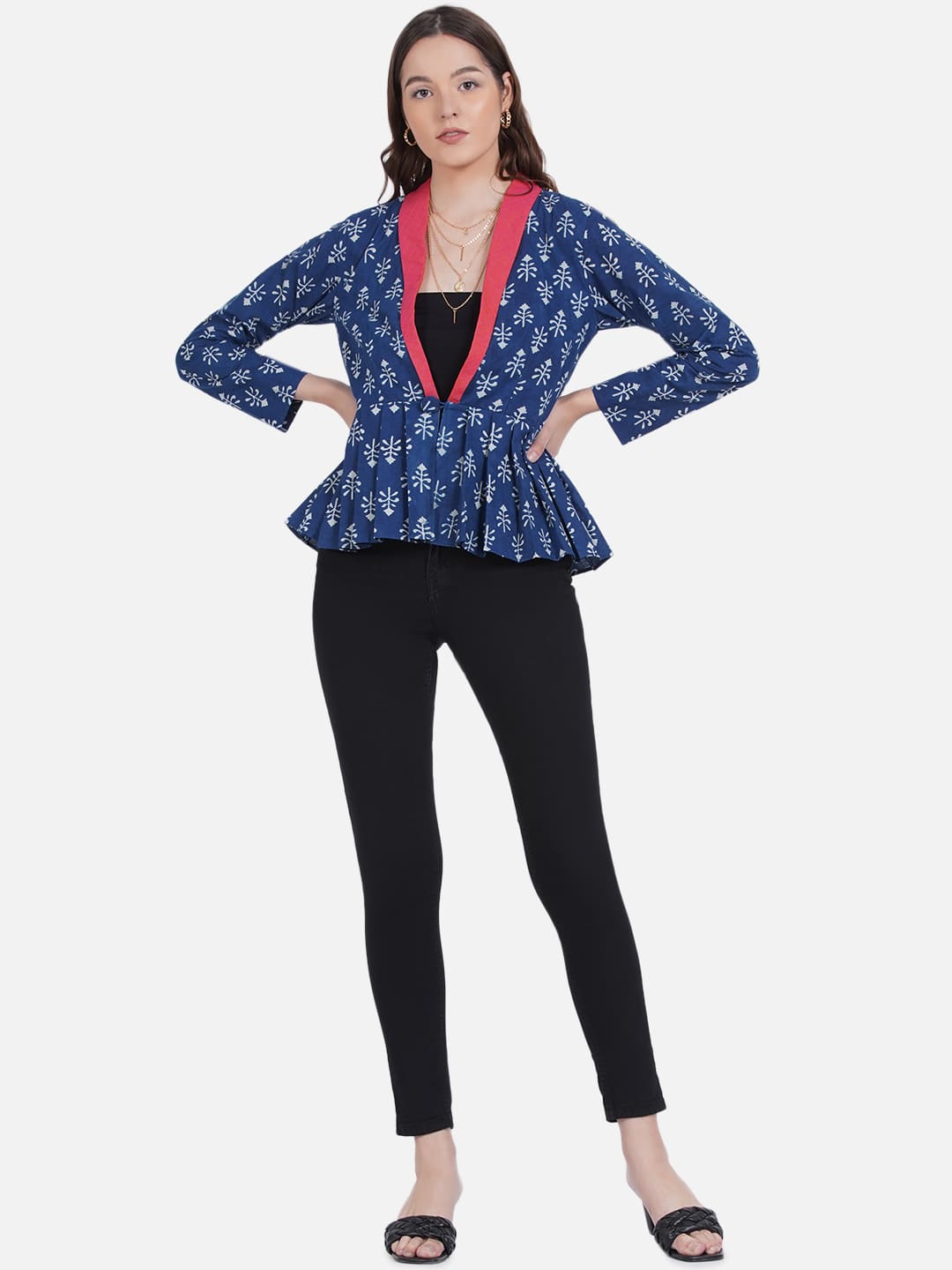 Indigo Handblock Print Peplum Jacket with Pink Collar