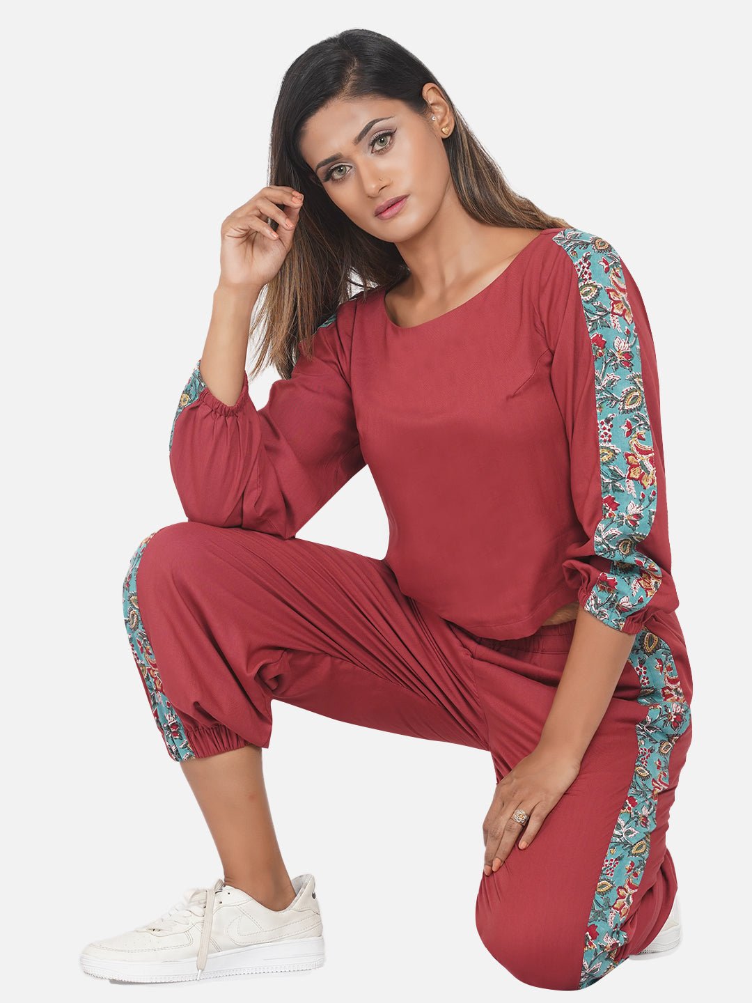Red Jogger style co-ord set with Sanganeri Handwork print sleeves -