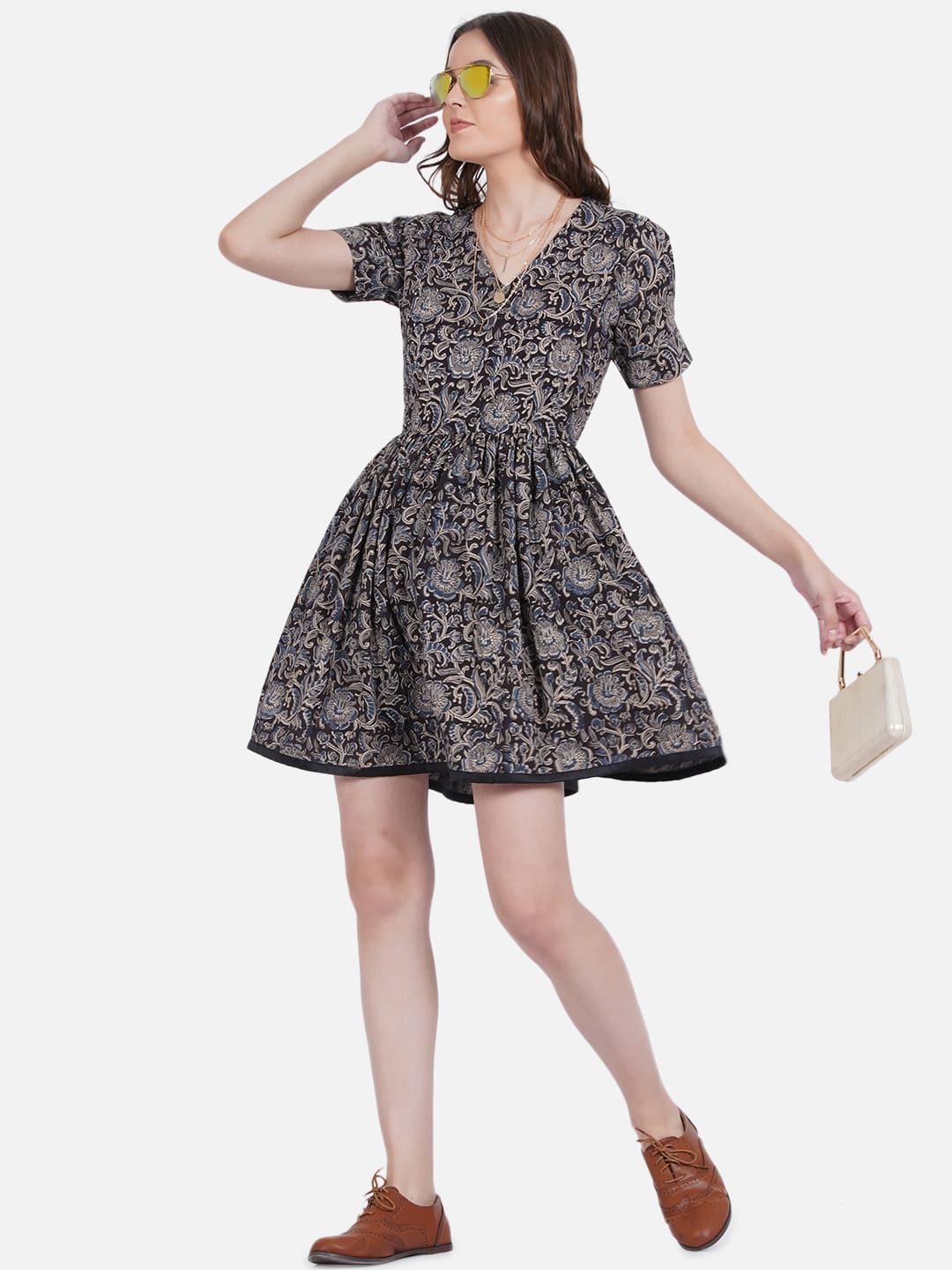 Black Kalamkari Handblock Printed Frock Style Cotton Dress