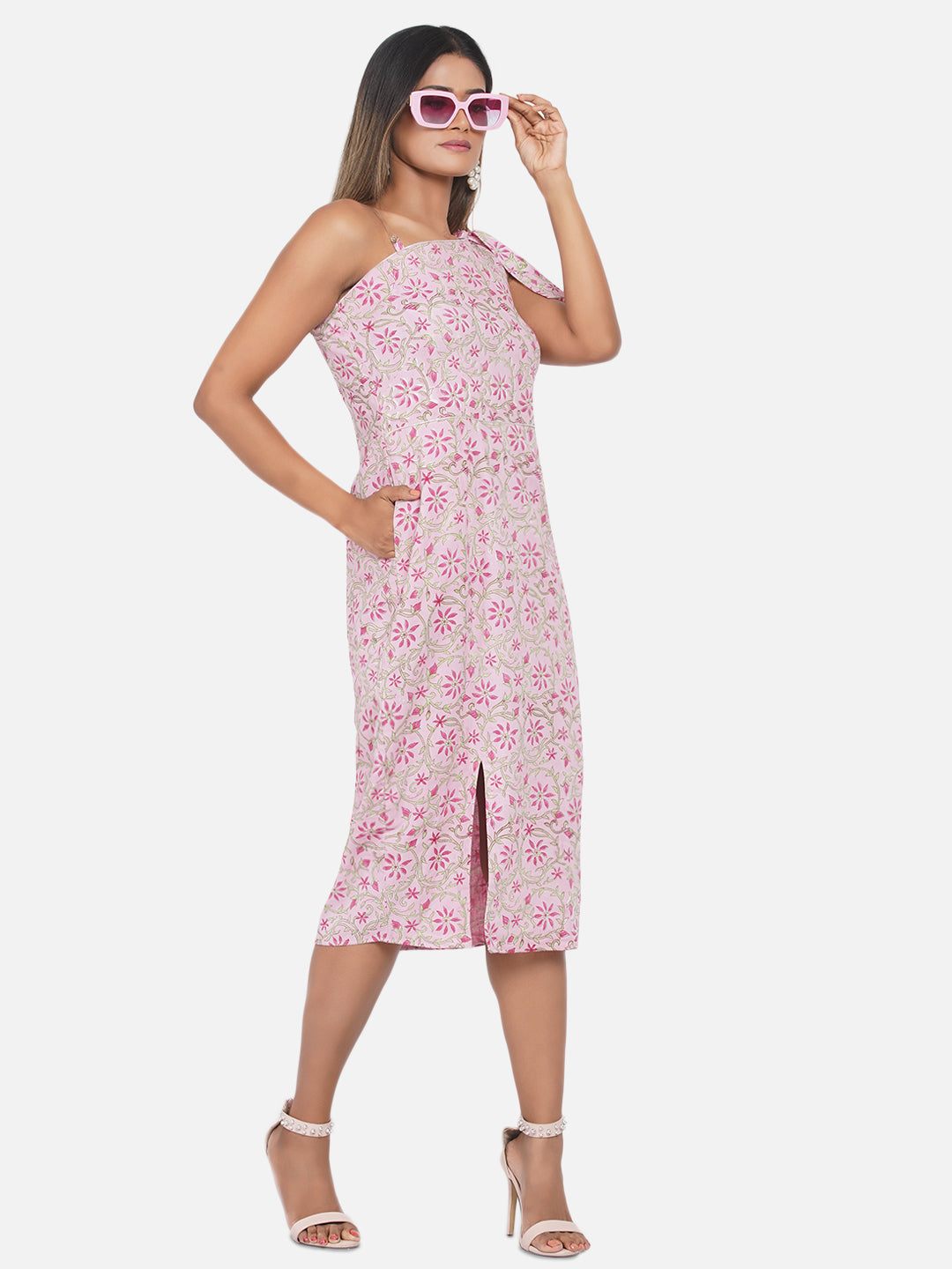 Pink Sanganeri Handblock Printed One Shoulder Dress