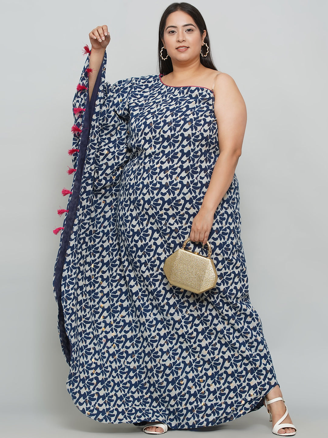 Indigo Handblock printed One Shoulder Kaftan Maxi Dress