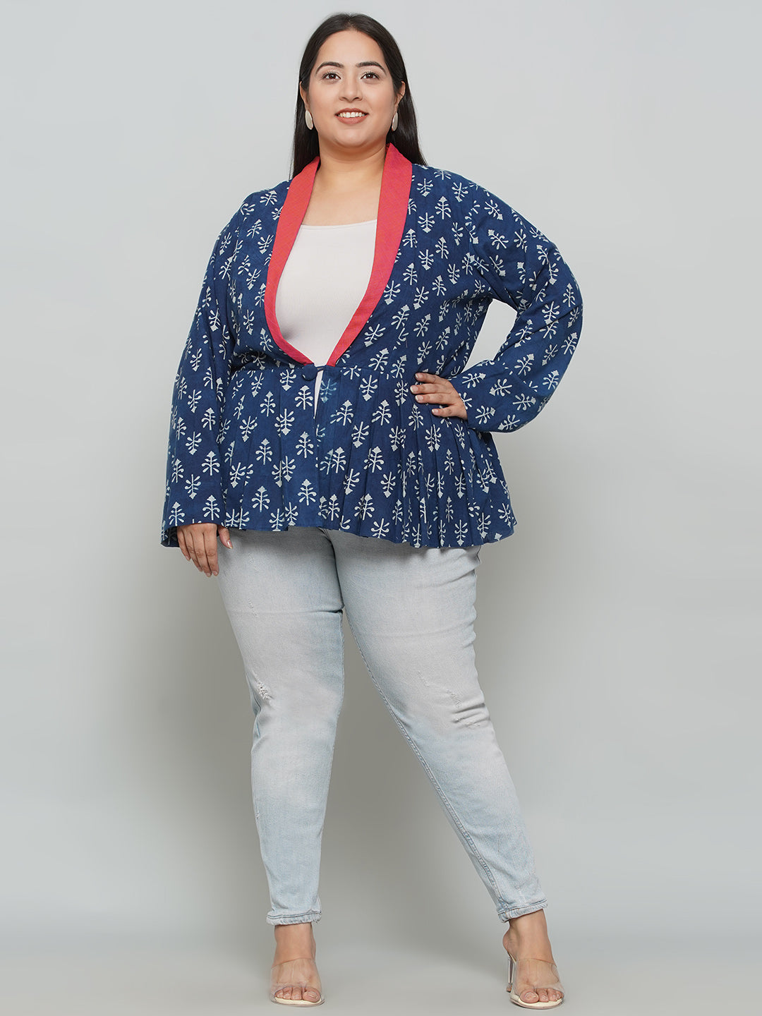 Indigo Handblock Print Peplum Jacket with Pink Collar