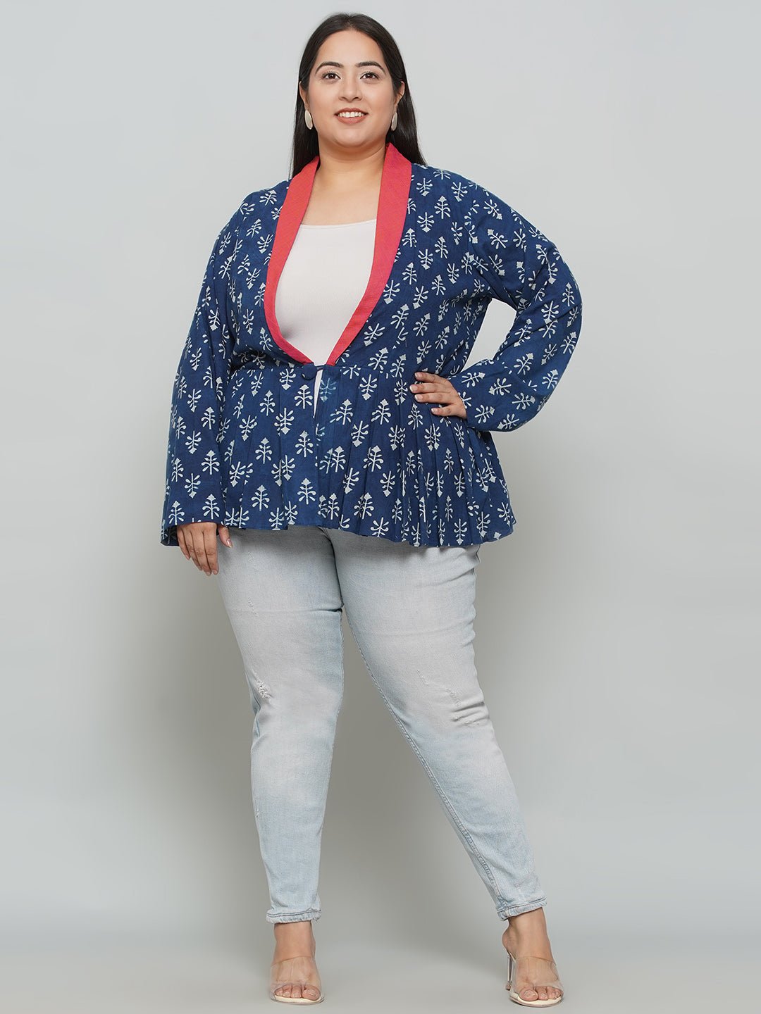 Indigo Handblock Print Peplum Jacket with Pink Collar -
