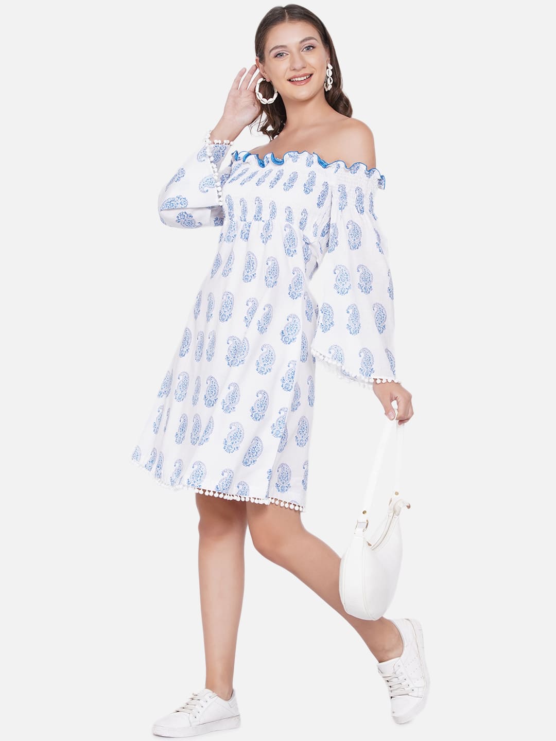 White Sanganeri Paisley Handblock Printed  Off Shoulder Cotton Dress