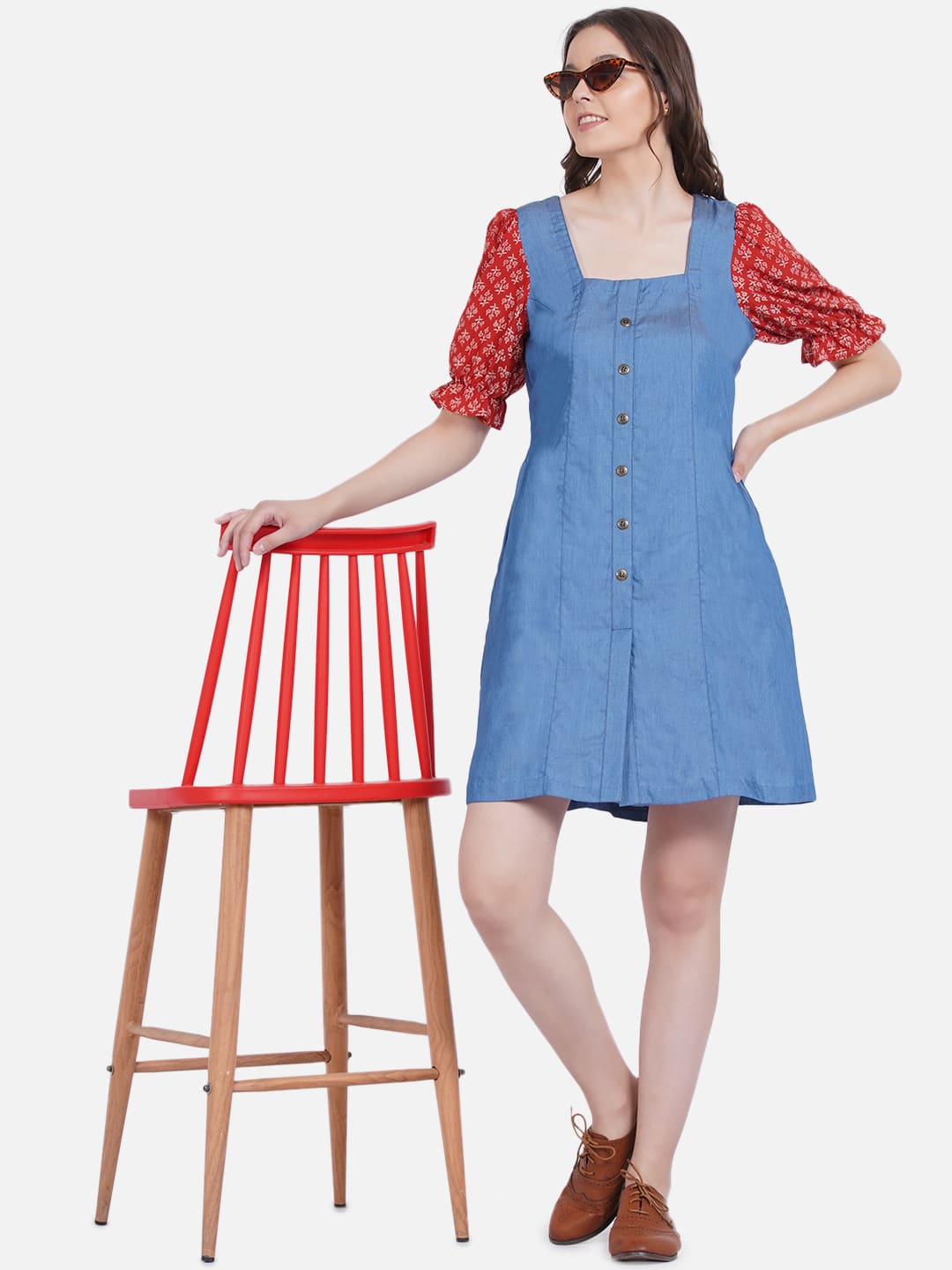 Denim Dress with Bagru Handblock Printed Sleeves