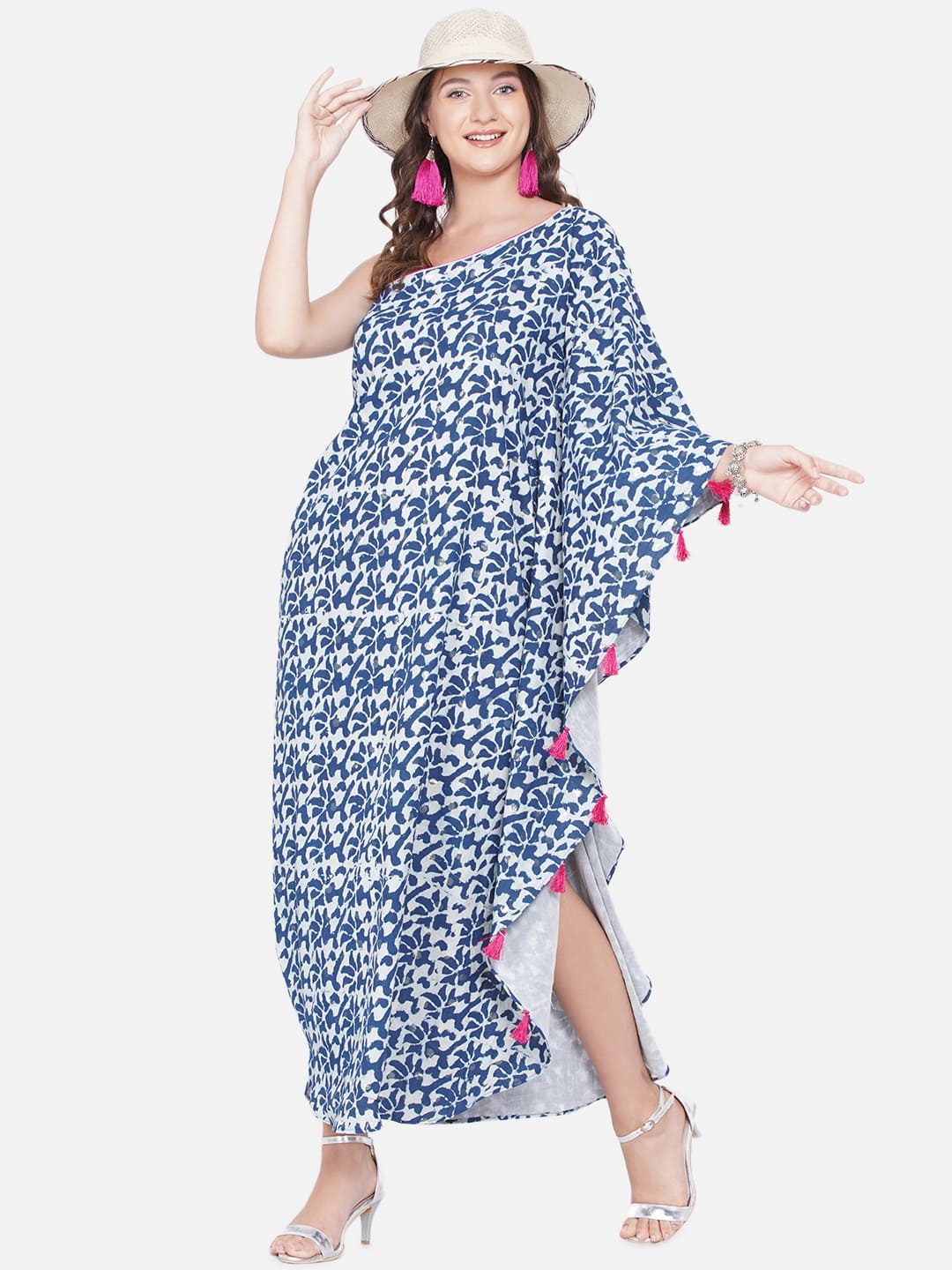 Indigo Handblock printed One Shoulder Kaftan Maxi Dress