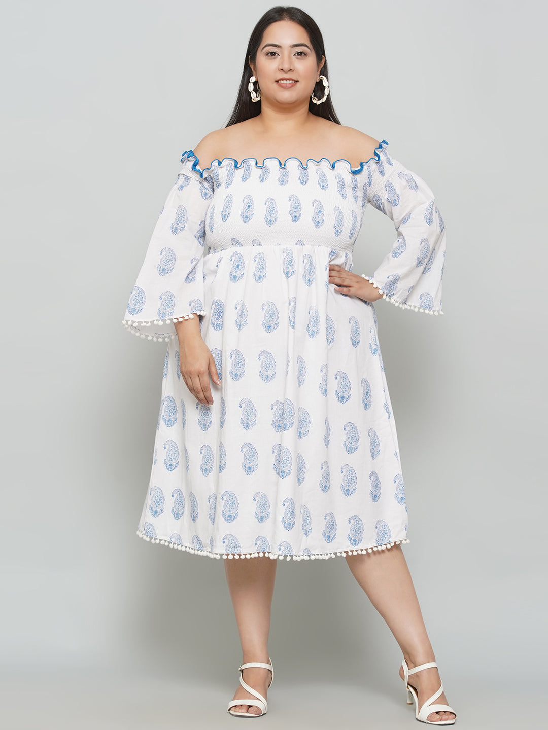 White Sanganeri Paisley Handblock Printed  Off Shoulder Cotton Dress