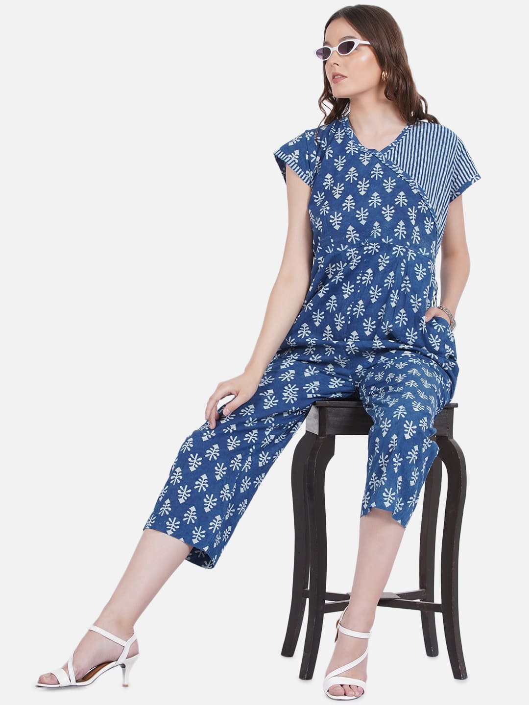 Indigo Dabu Handblock Printed Angrakha Style Cotton Jumpsuit