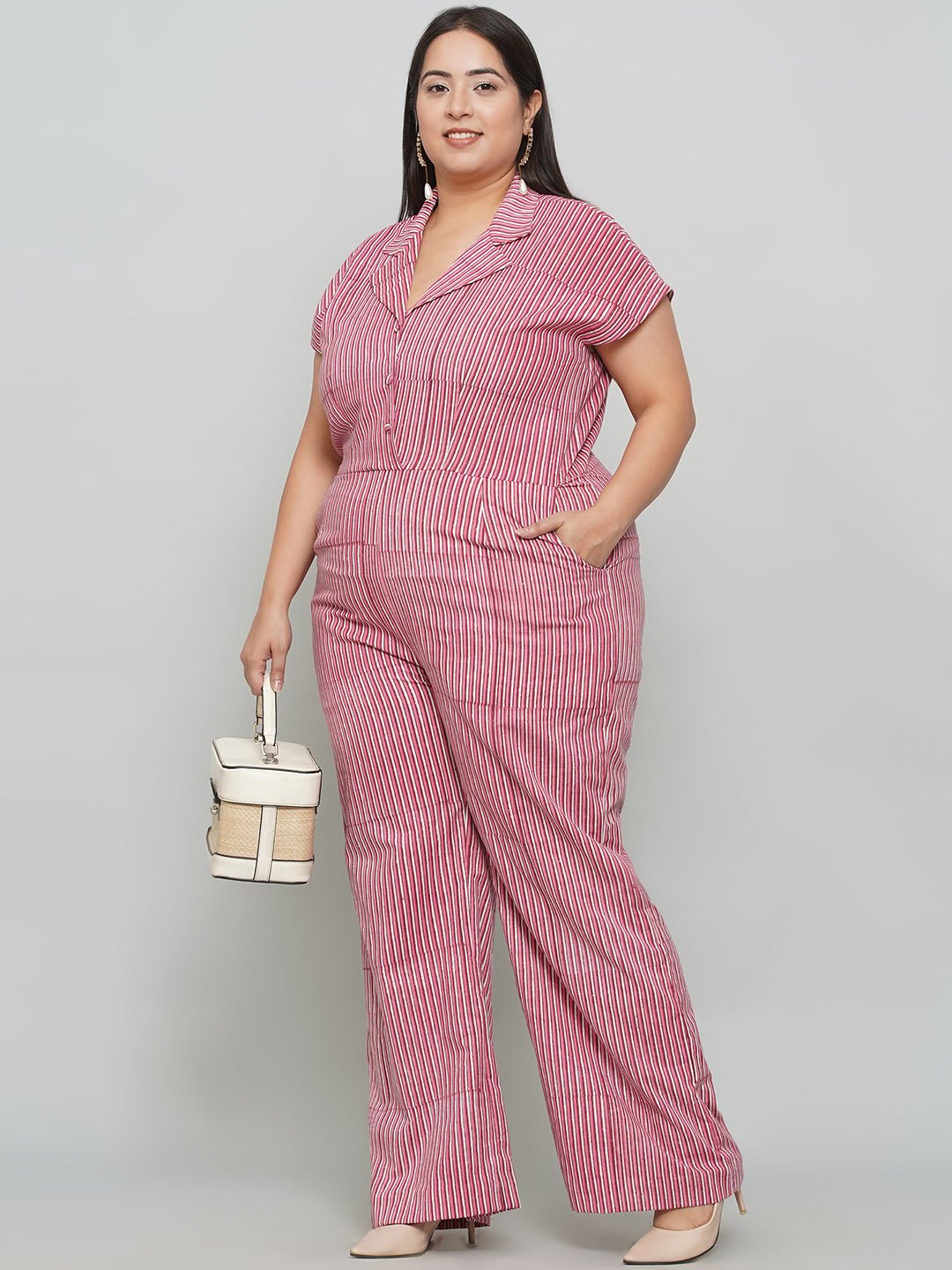 Pink Dabu Stripe Handblock Cotton Jumpsuit -