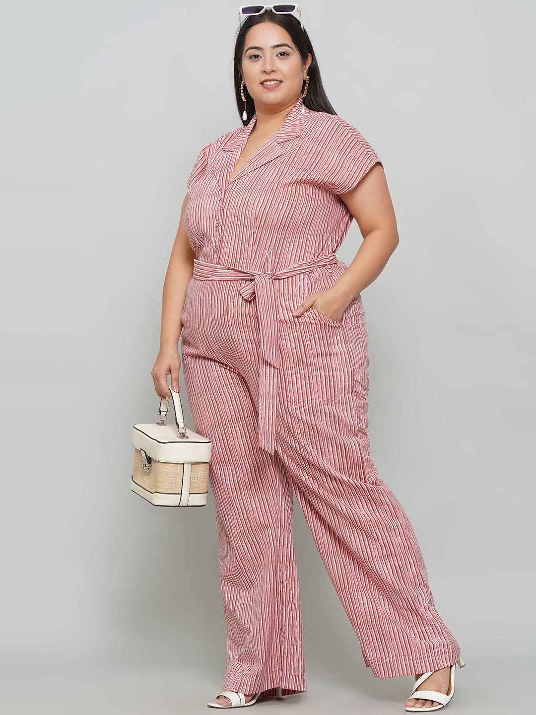 Peach Dabu Stripe Handblock Printed Cotton Jumpsuit -
