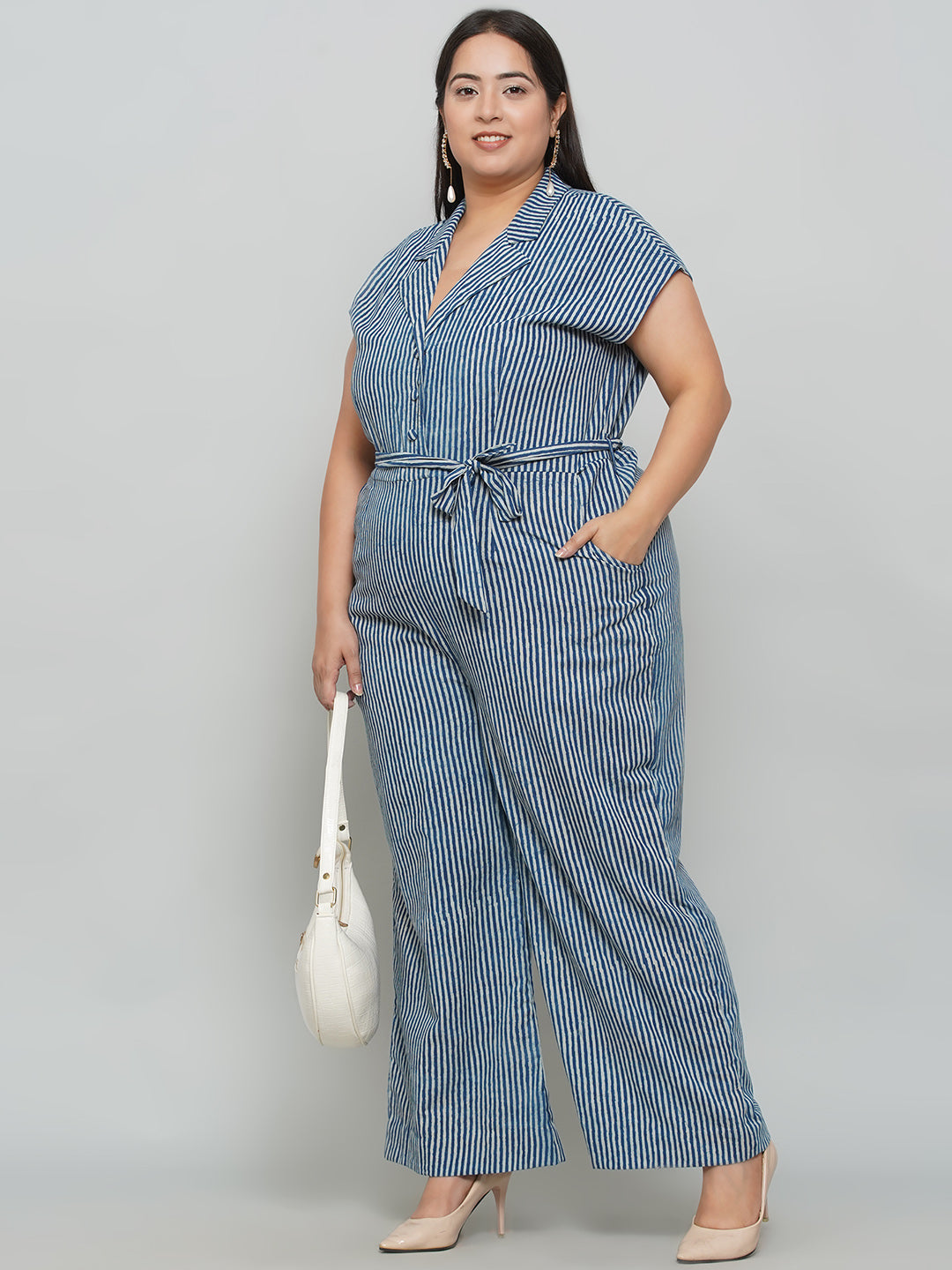Indigo Handblock Printed Stripe Cotton Jumpsuit