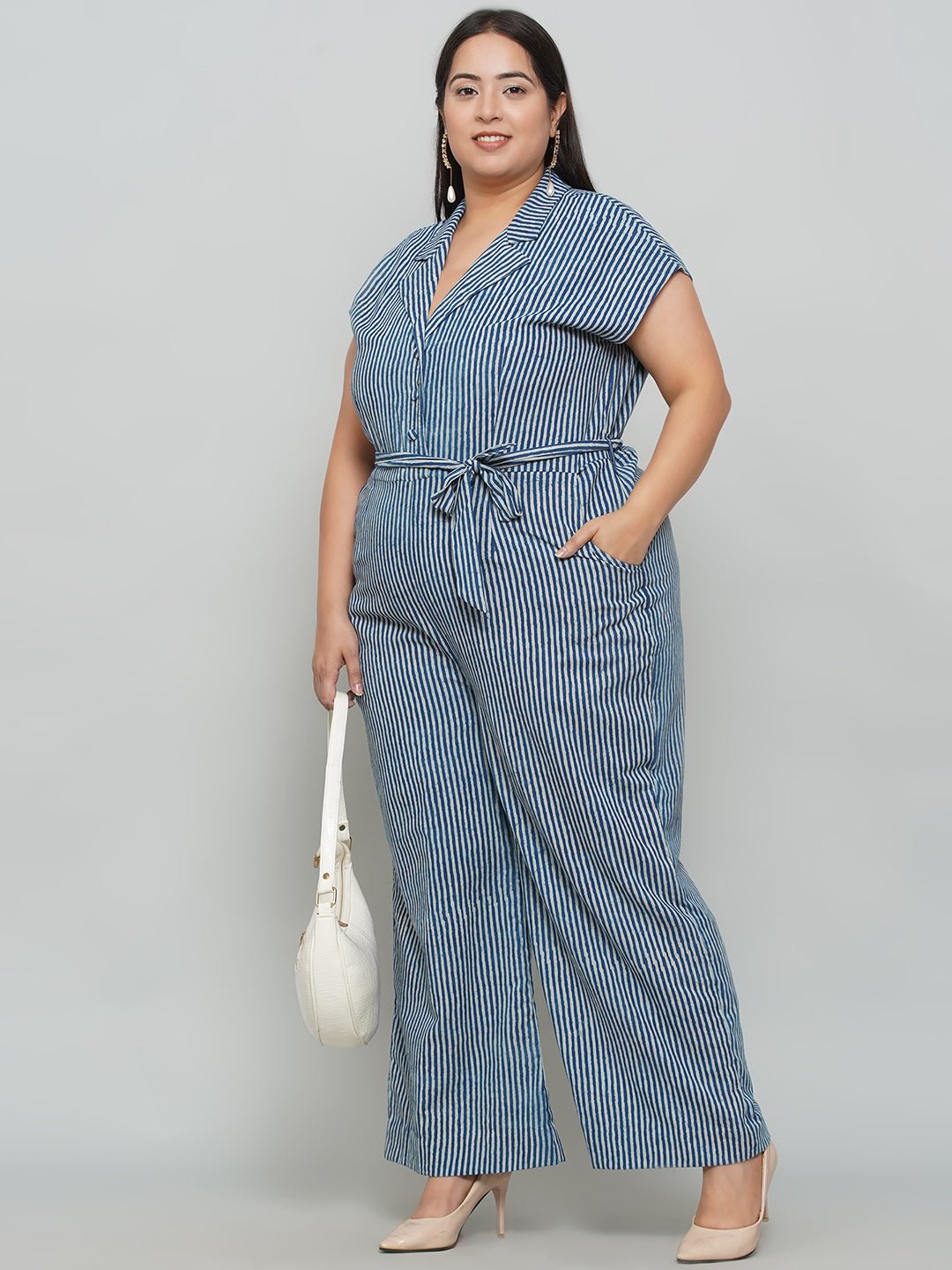 Indigo Handblock Printed Stripe Cotton Jumpsuit -Clothing