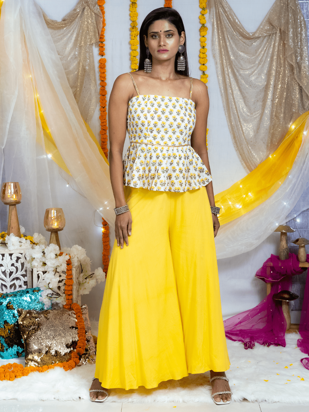 Yellow Sanganeri Handblock Printed Sharara & Peplum Top -