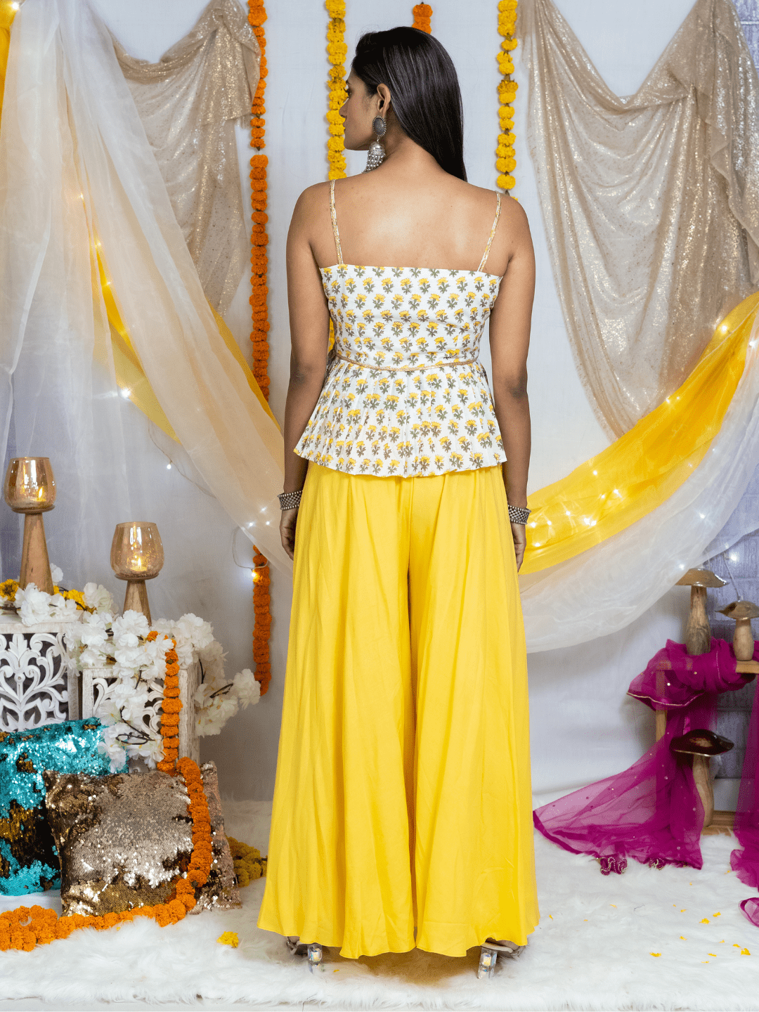 Yellow Sanganeri Handblock Printed Sharara & Peplum Top -