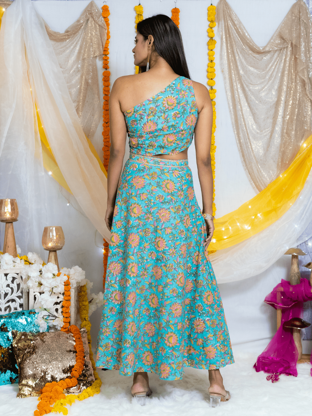 Blue Sanganeri Handblock Printed Cutout Dress with Pleats & Slit