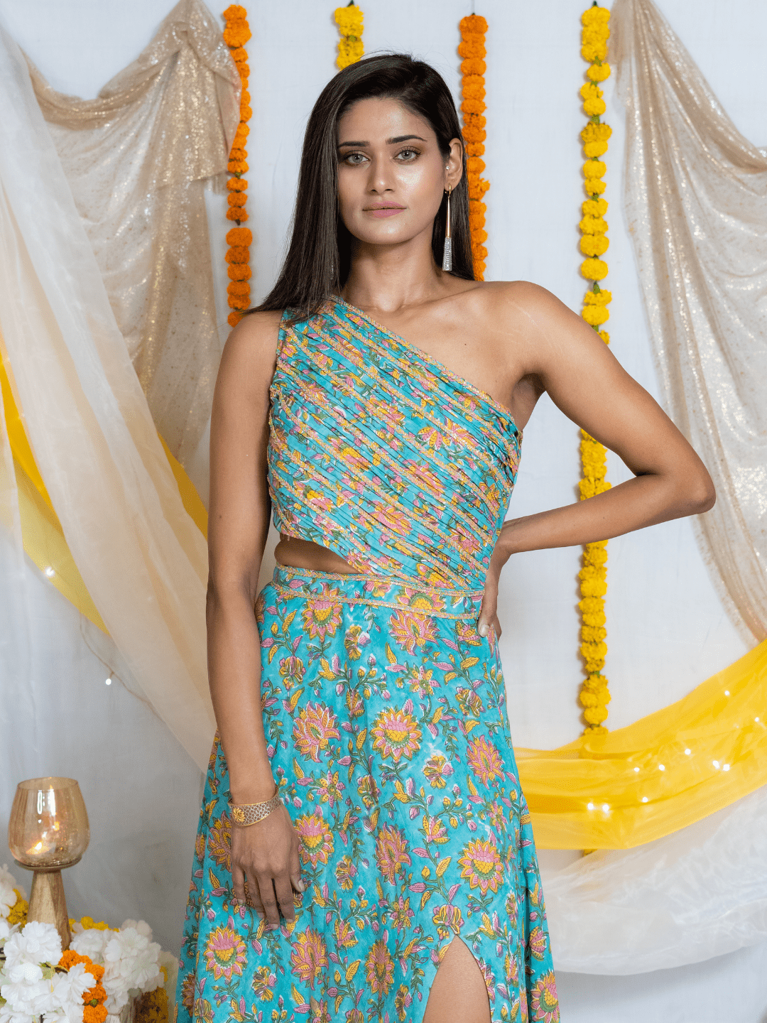 Blue Sanganeri Handblock Printed Cutout Dress with Pleats & Slit