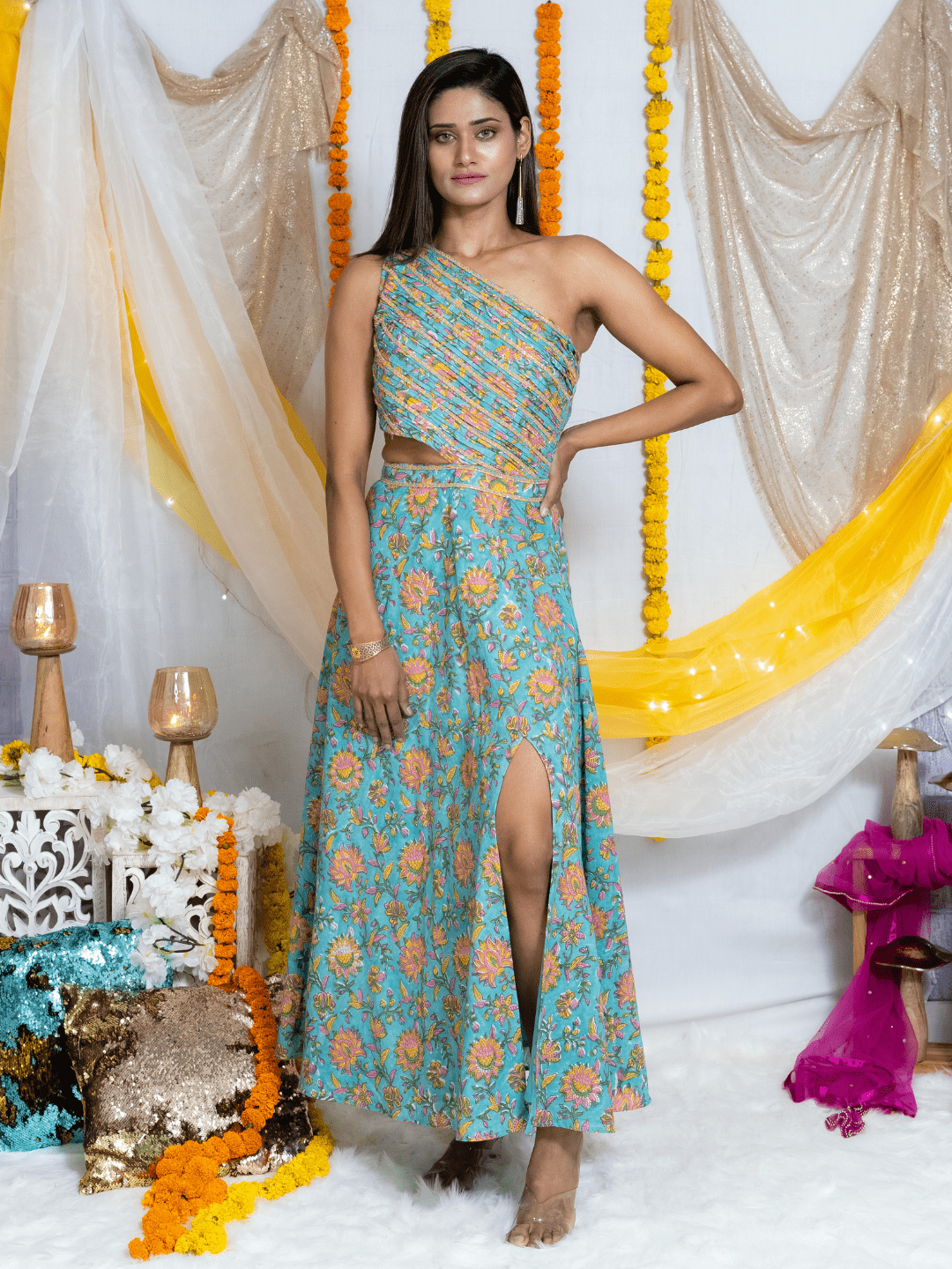 Blue Sanganeri Handblock Printed Cutout Dress with Pleats & Slit