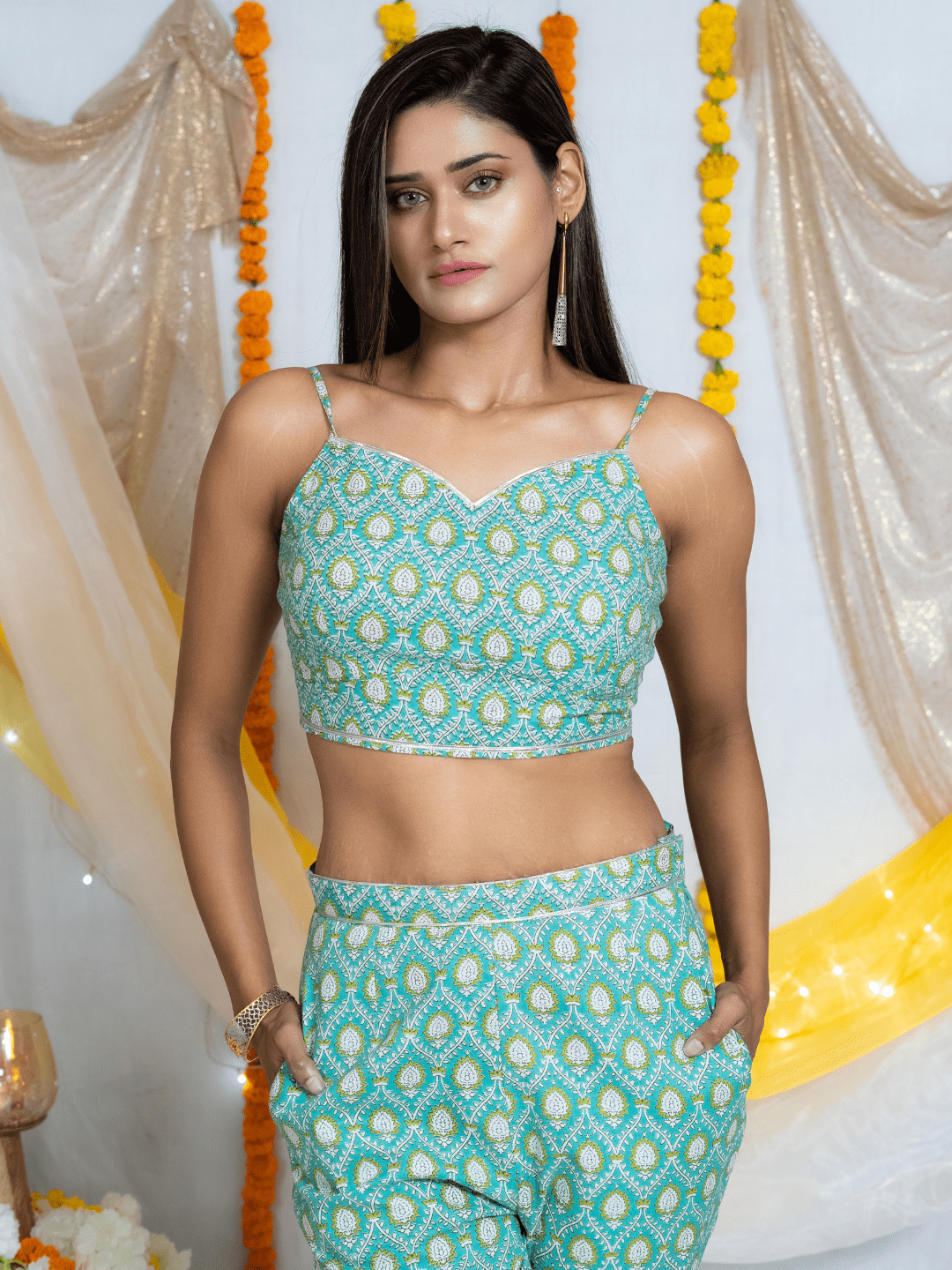 Blue Sanganeri Handblock Printed Top and Sharara Set