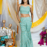 Blue Sanganeri Handblock Printed Top and Sharara Set