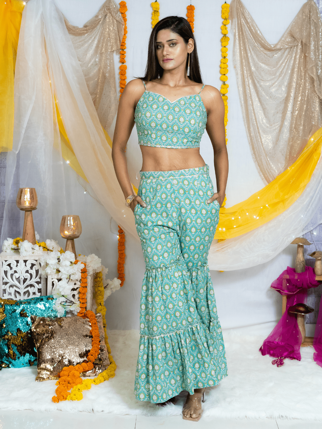 Blue Sanganeri Handblock Printed Top and Sharara Set
