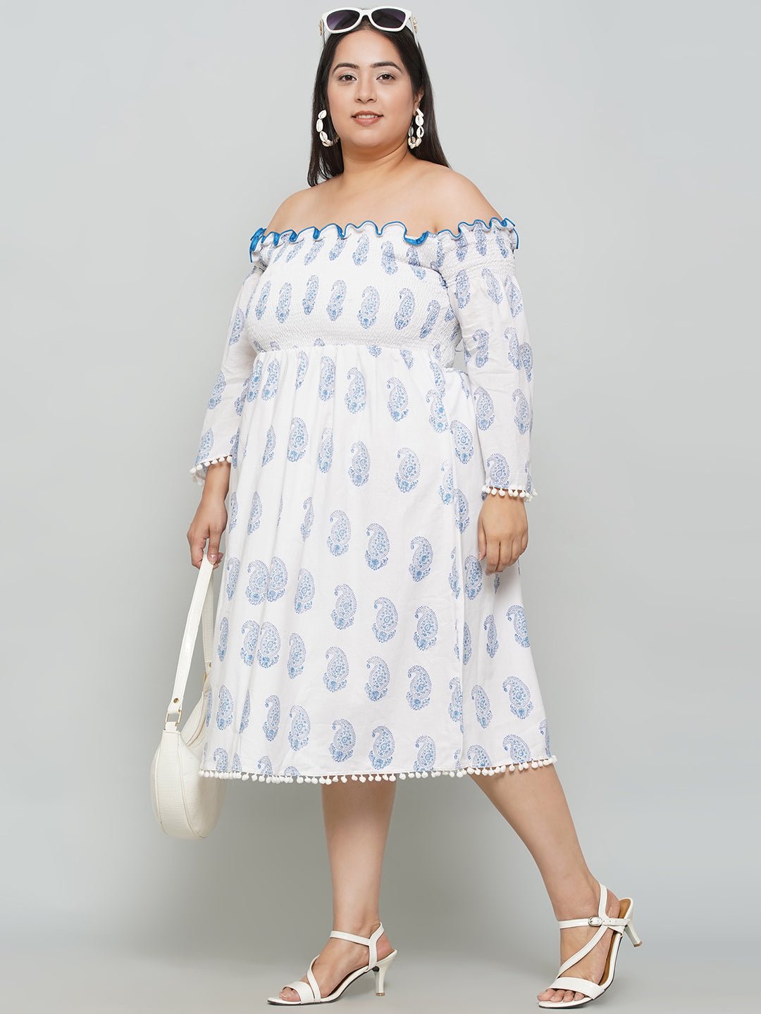 White Sanganeri Paisley Handblock Printed Off Shoulder Cotton Dress -Clothing