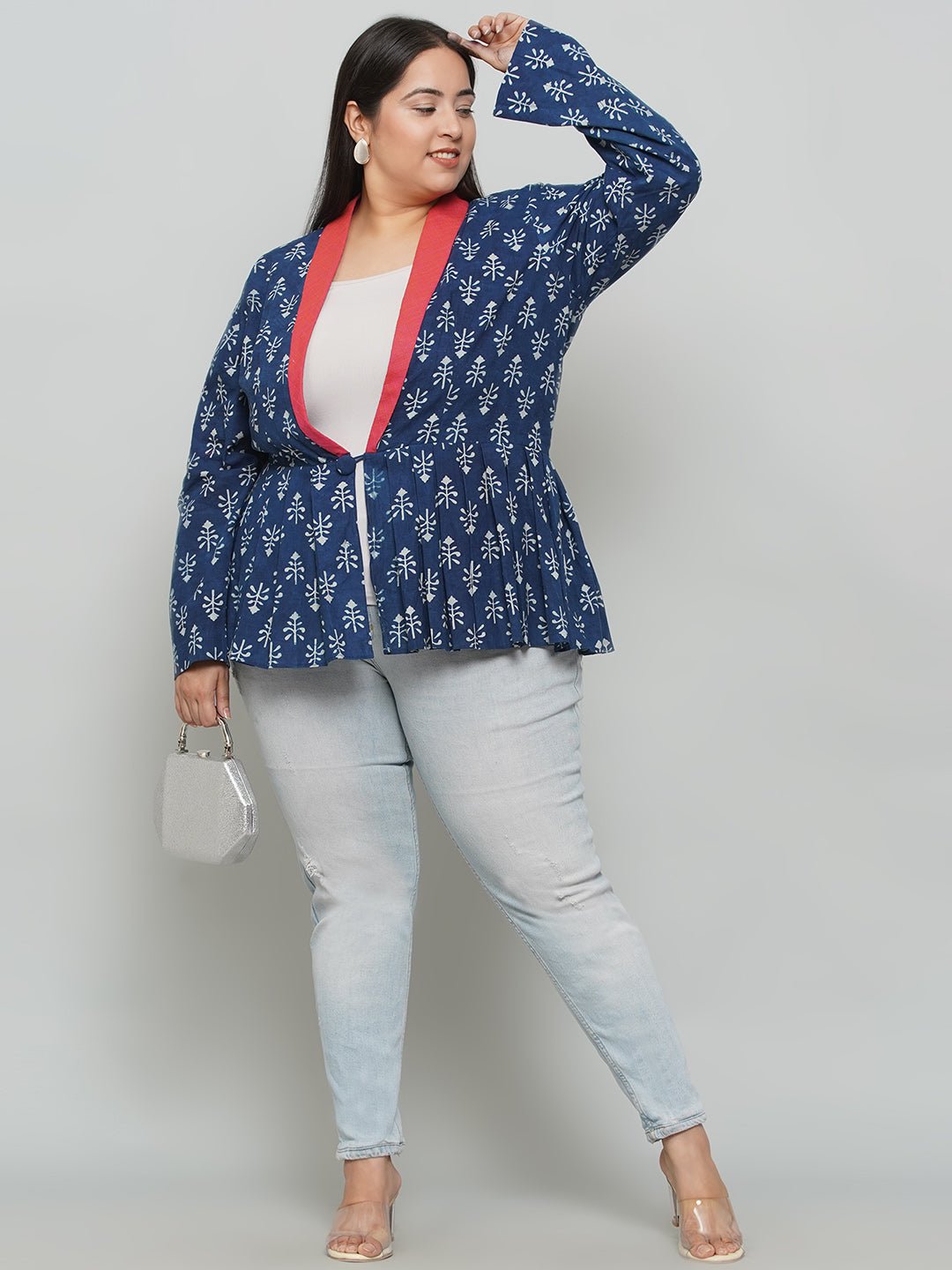 Indigo Handblock Print Peplum Jacket with Pink Collar -