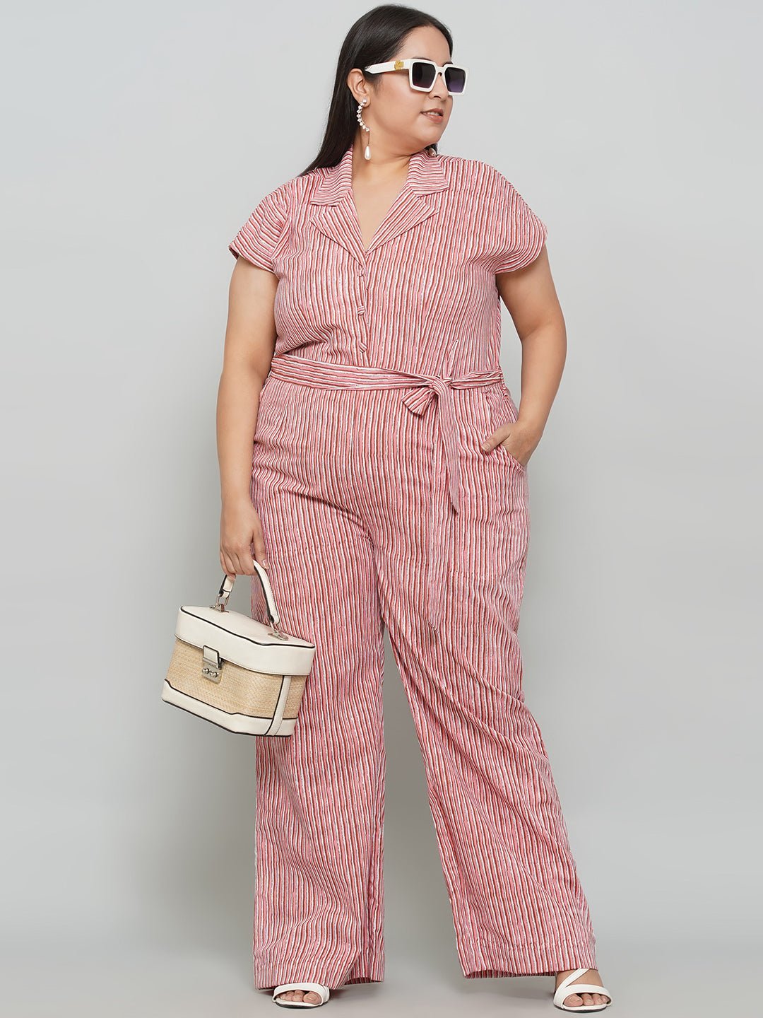 Peach Dabu Stripe Handblock Printed Cotton Jumpsuit -