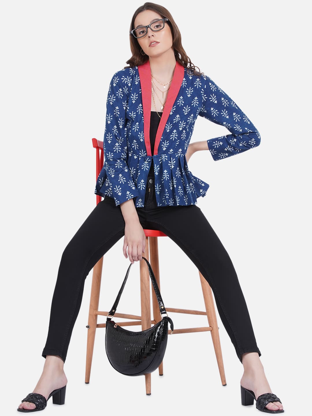 Indigo Handblock Print Peplum Jacket with Pink Collar