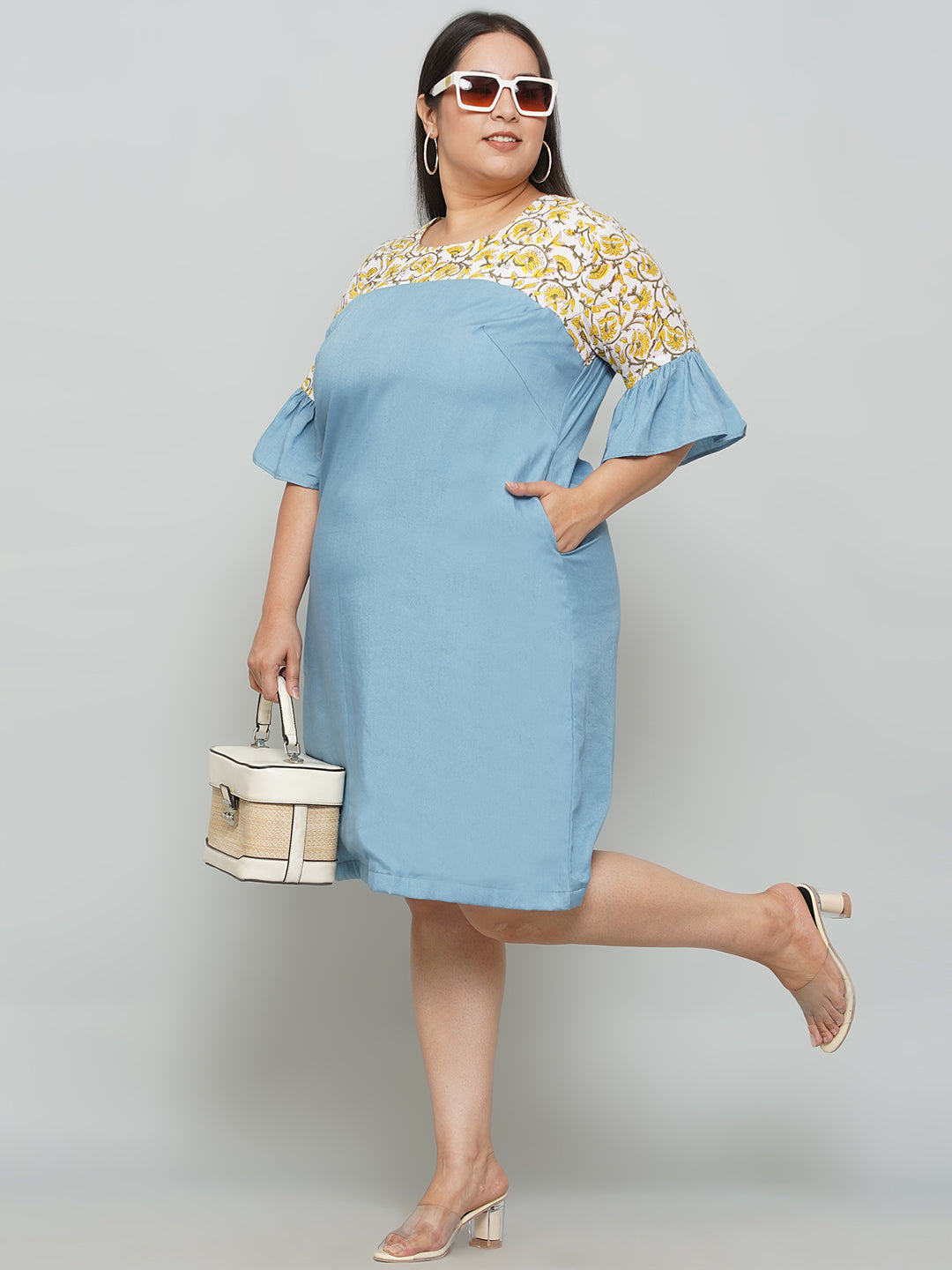 Yellow Sanganeri Handblock Printed  Denim Dress