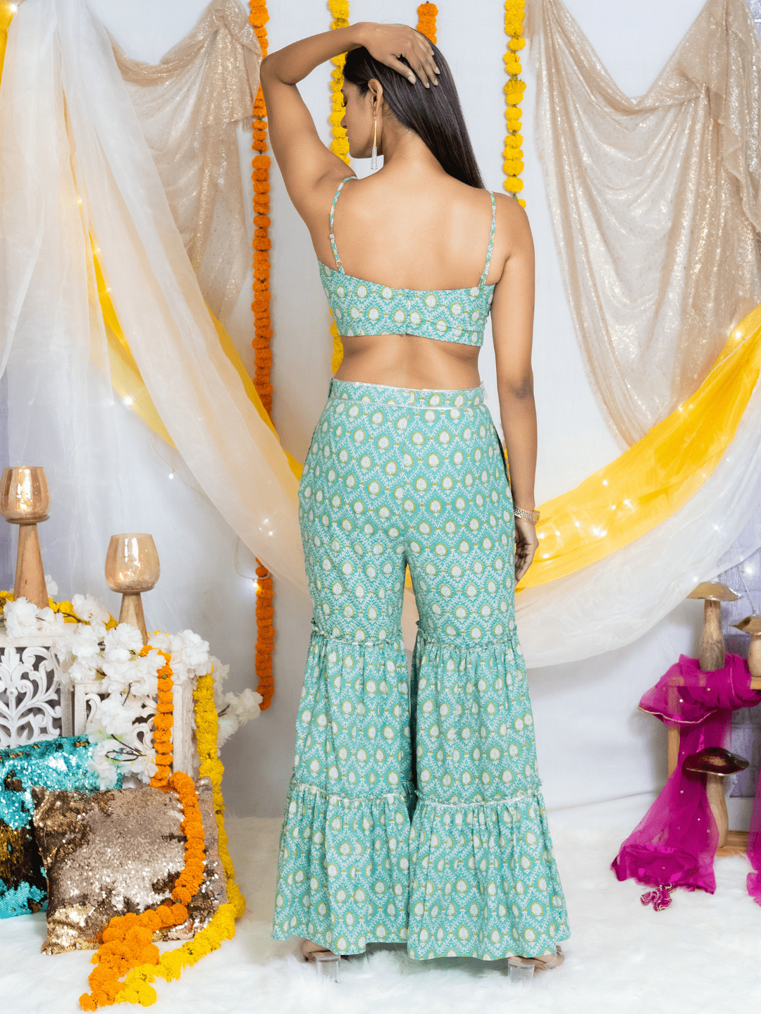 Blue Sanganeri Handblock Printed Top and Sharara Set