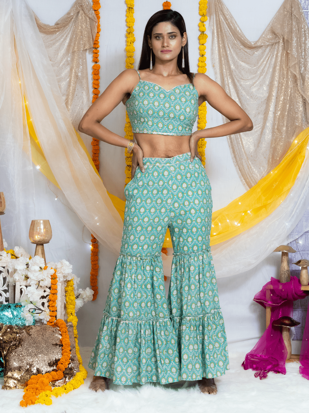 Blue Sanganeri Handblock Printed Top and Sharara Set