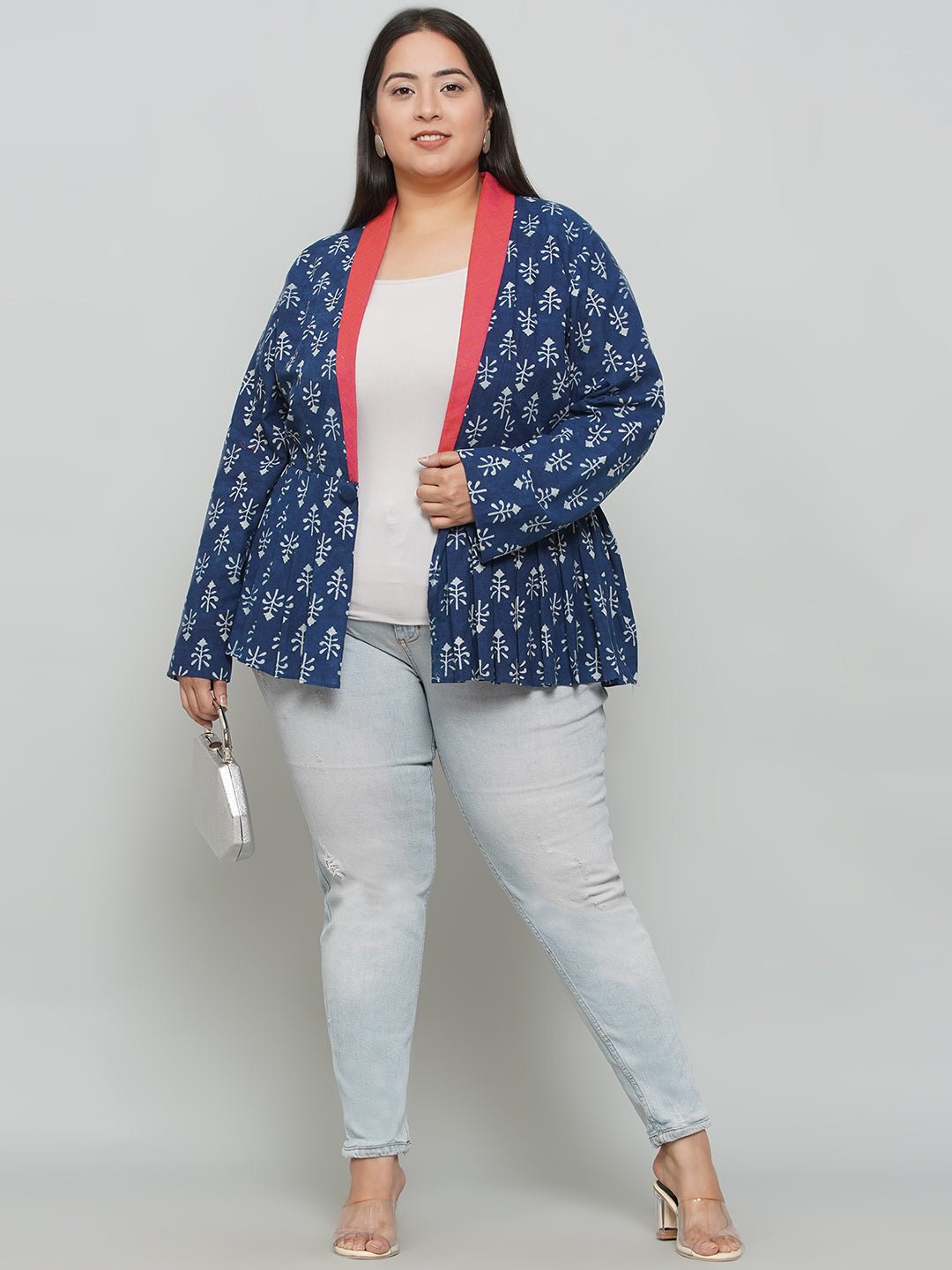 Indigo Handblock Print Peplum Jacket with Pink Collar -