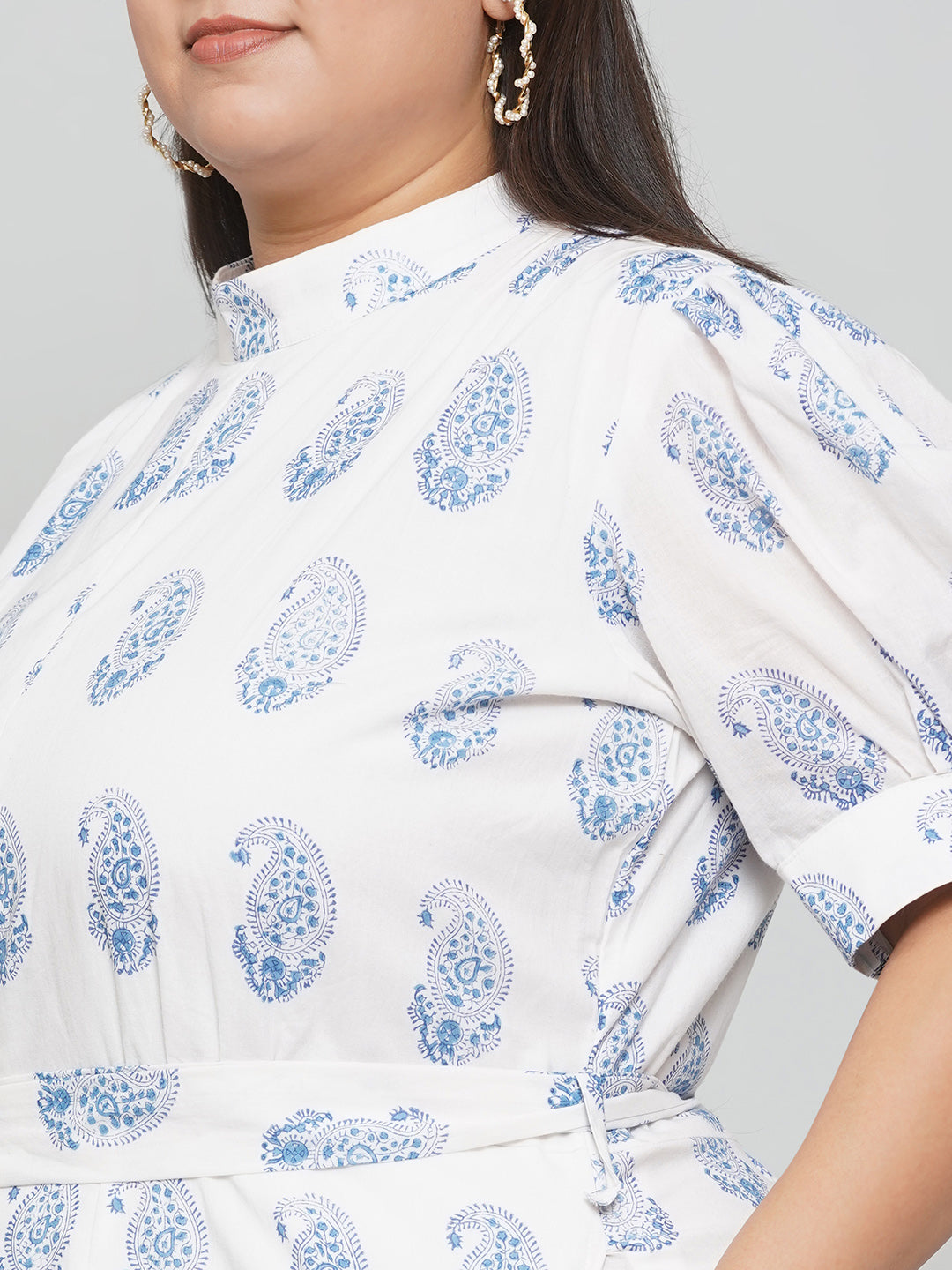 White Cotton Dress with Blue Handblock Printed Paisley