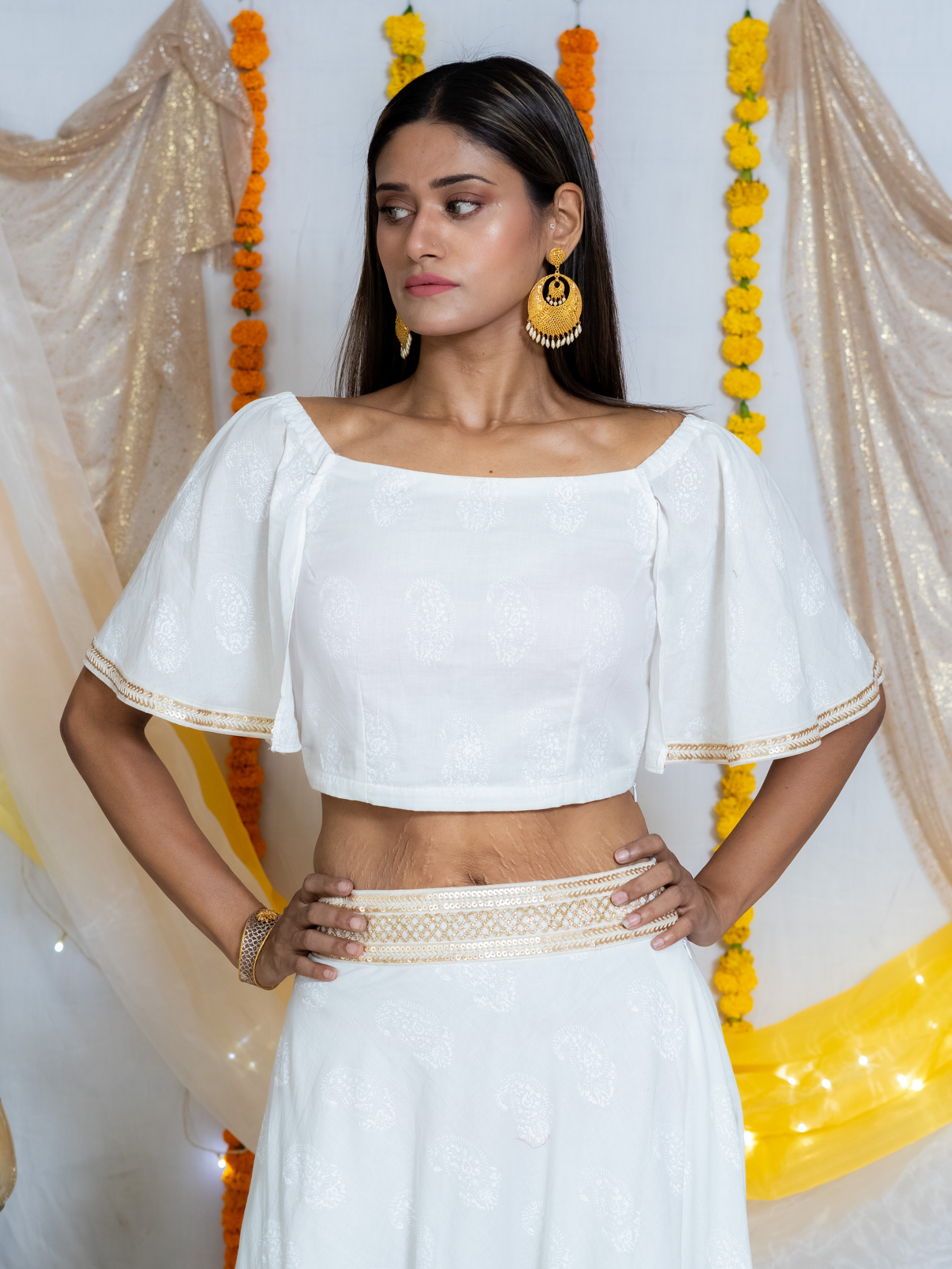 White HandBlock Booti Lehenga Choli