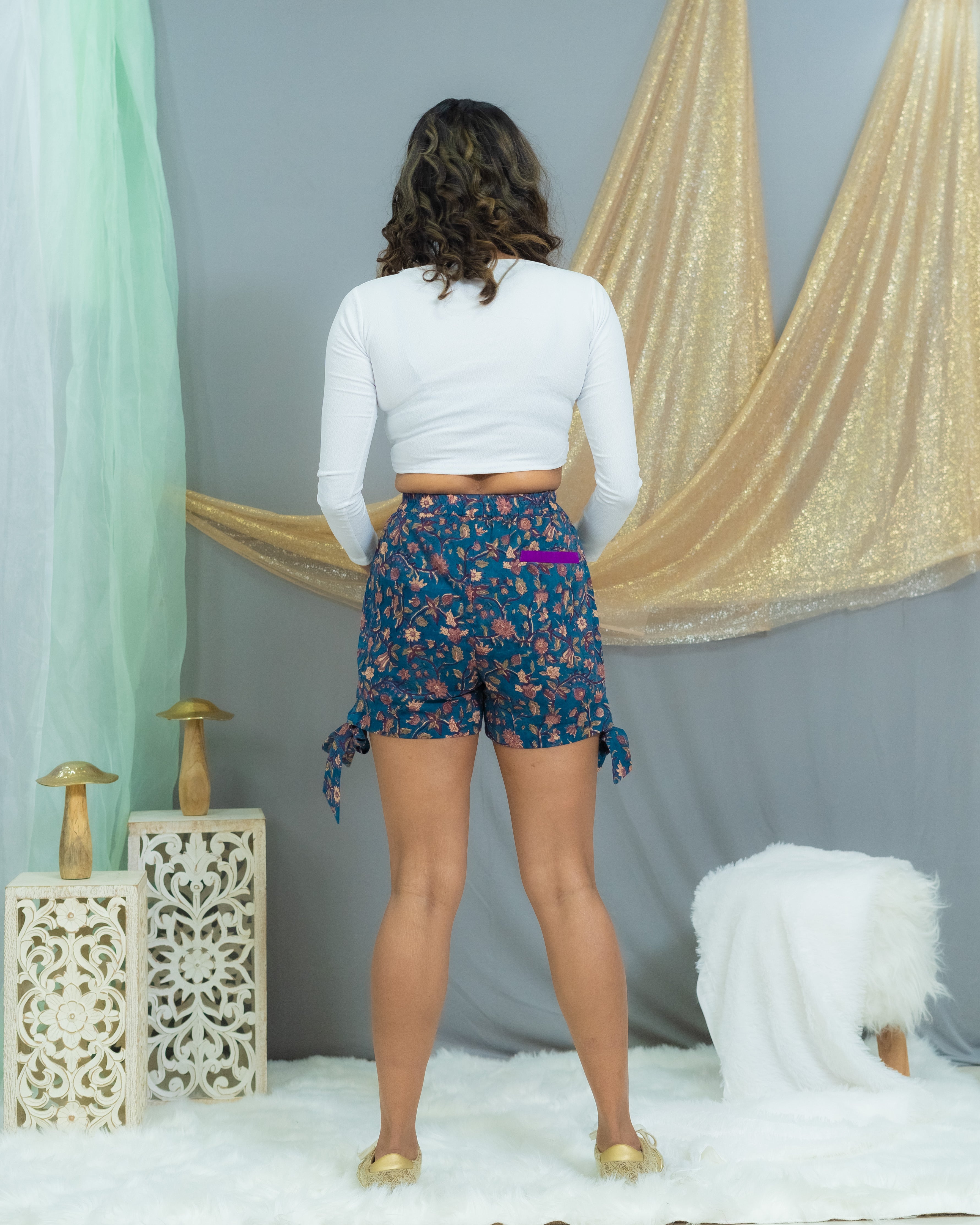 Sea green sanganeri cotton shorts with side knots