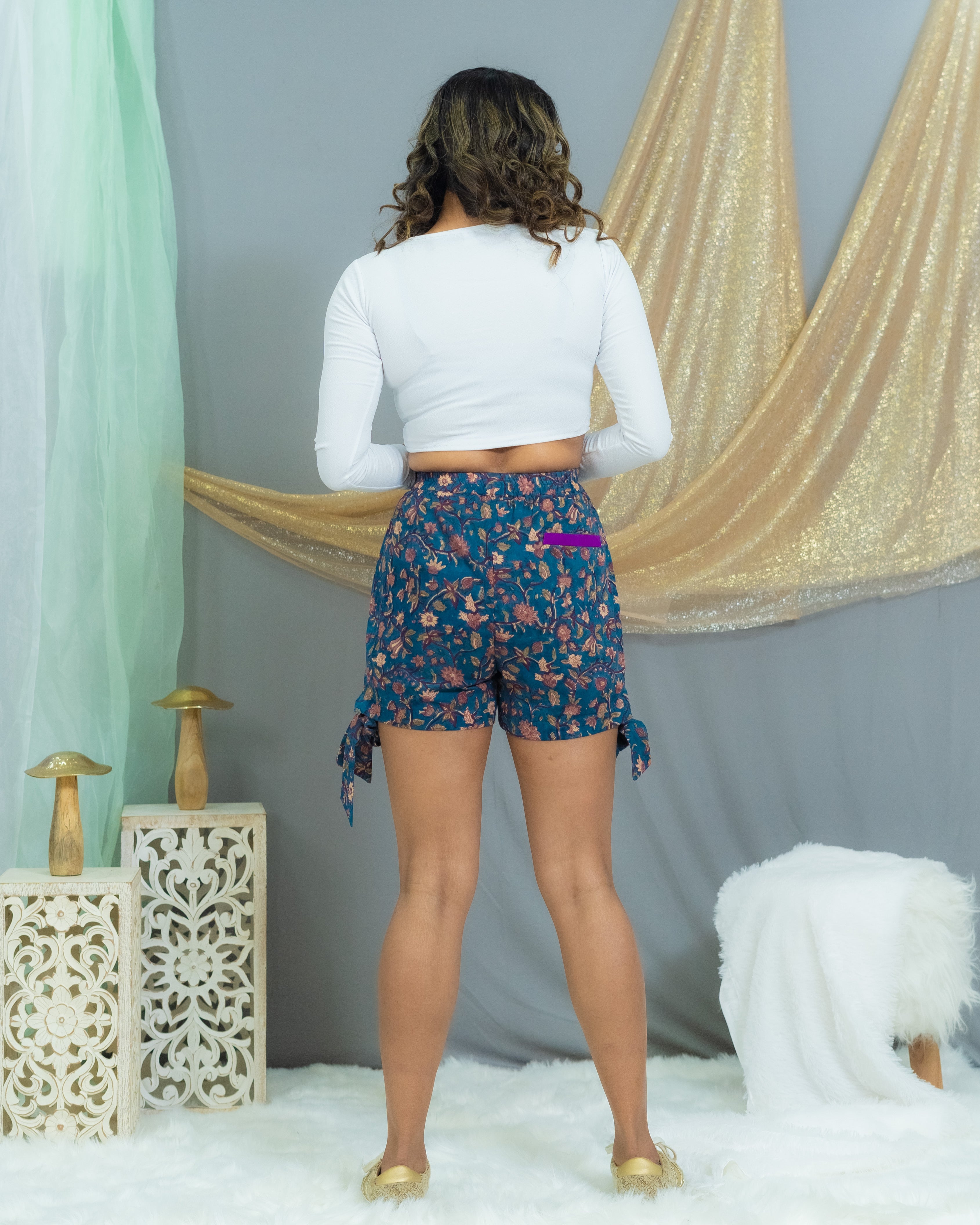 Sea green sanganeri cotton shorts with side knots