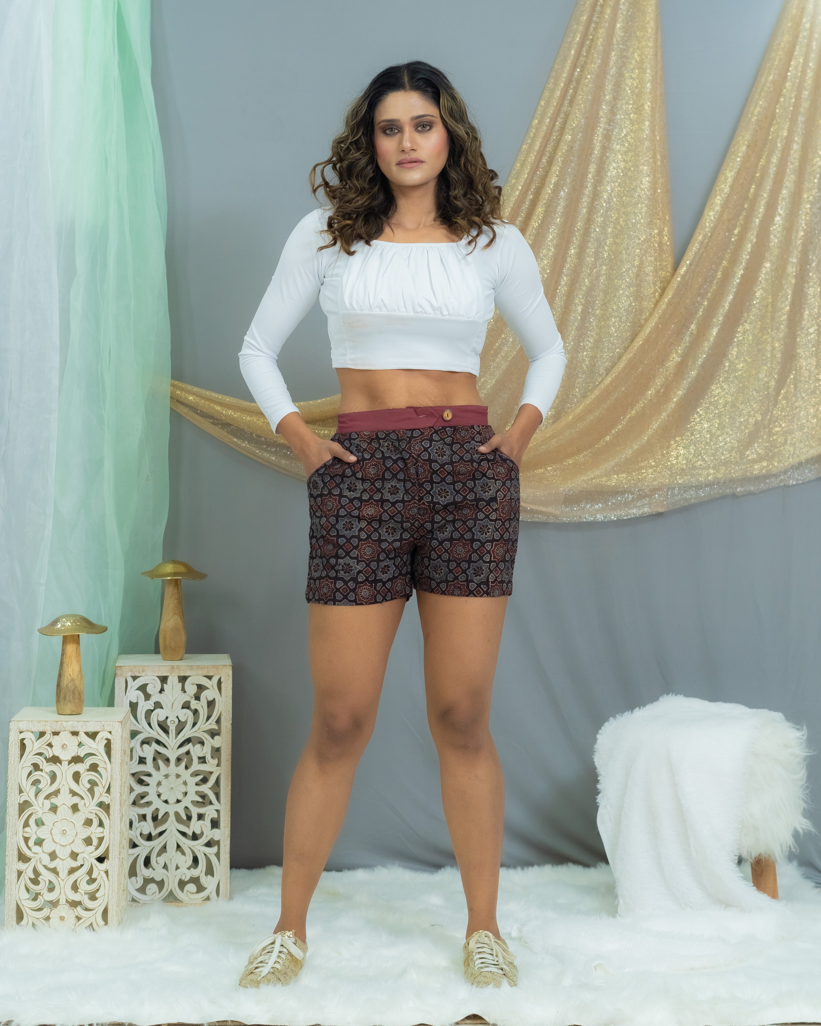 Brown ajrakh cotton shorts with maroon belt