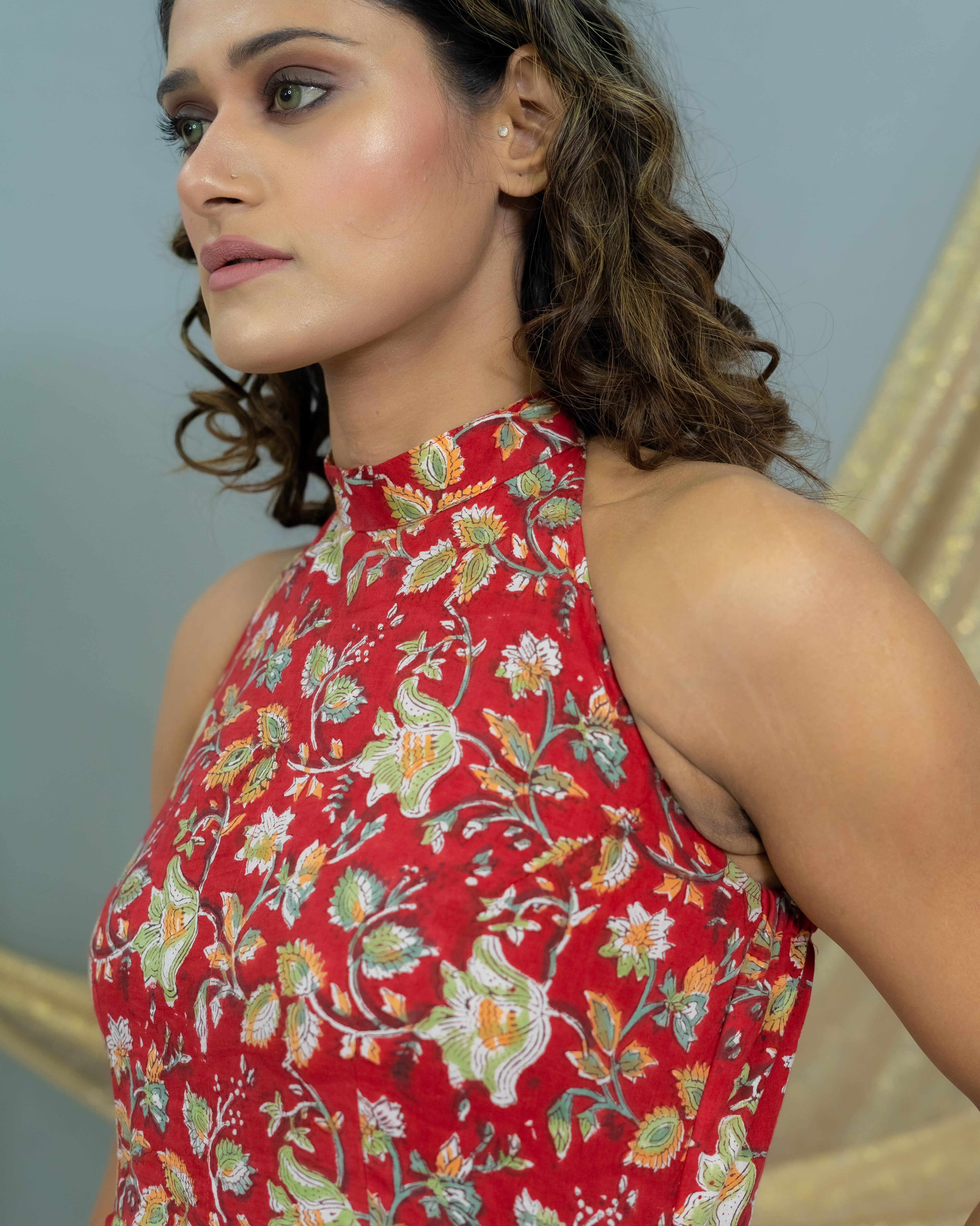 Red Sanganeri Handblock Printed Backless Cotton Dress