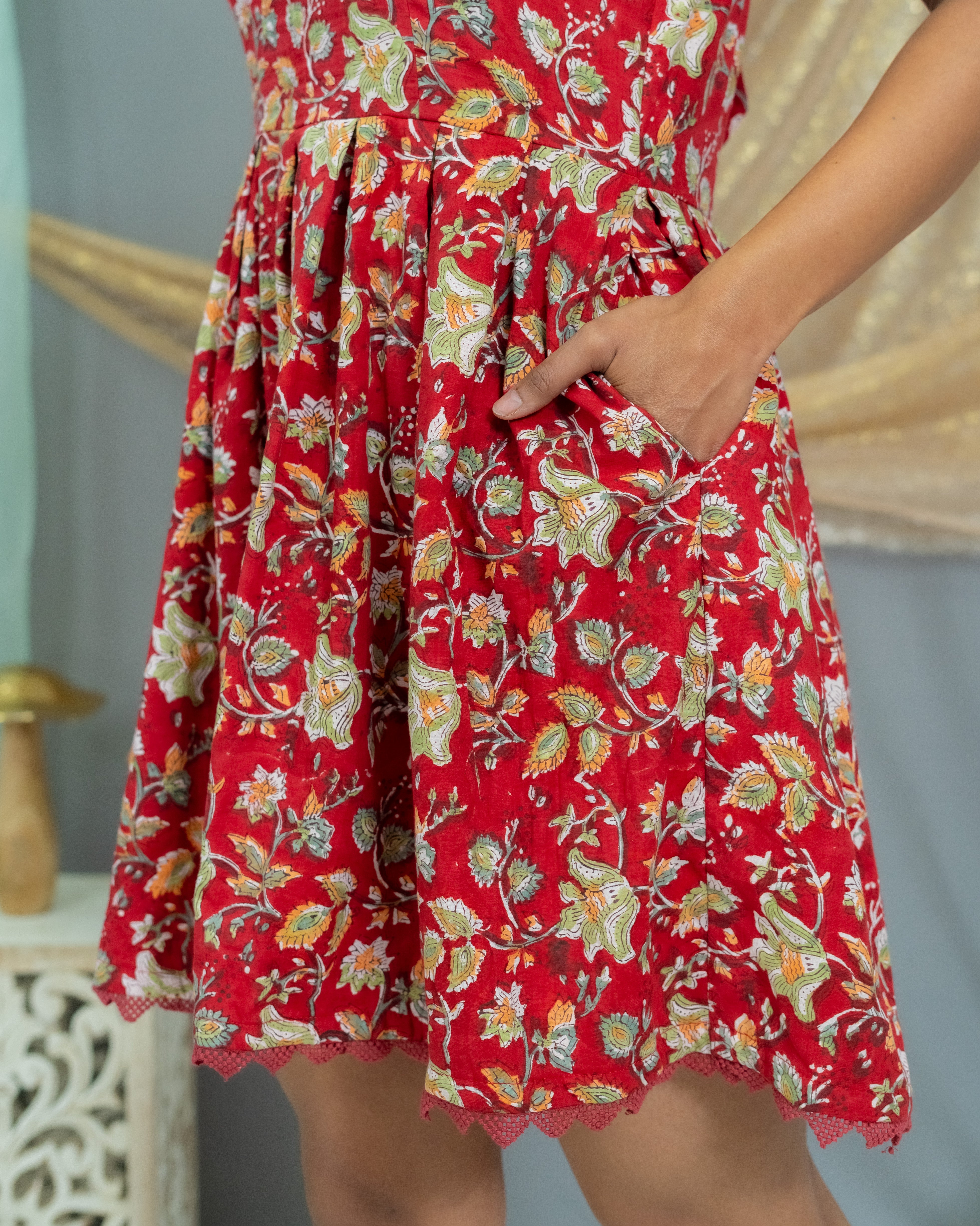 Red Sanganeri Handblock Printed Backless Cotton Dress