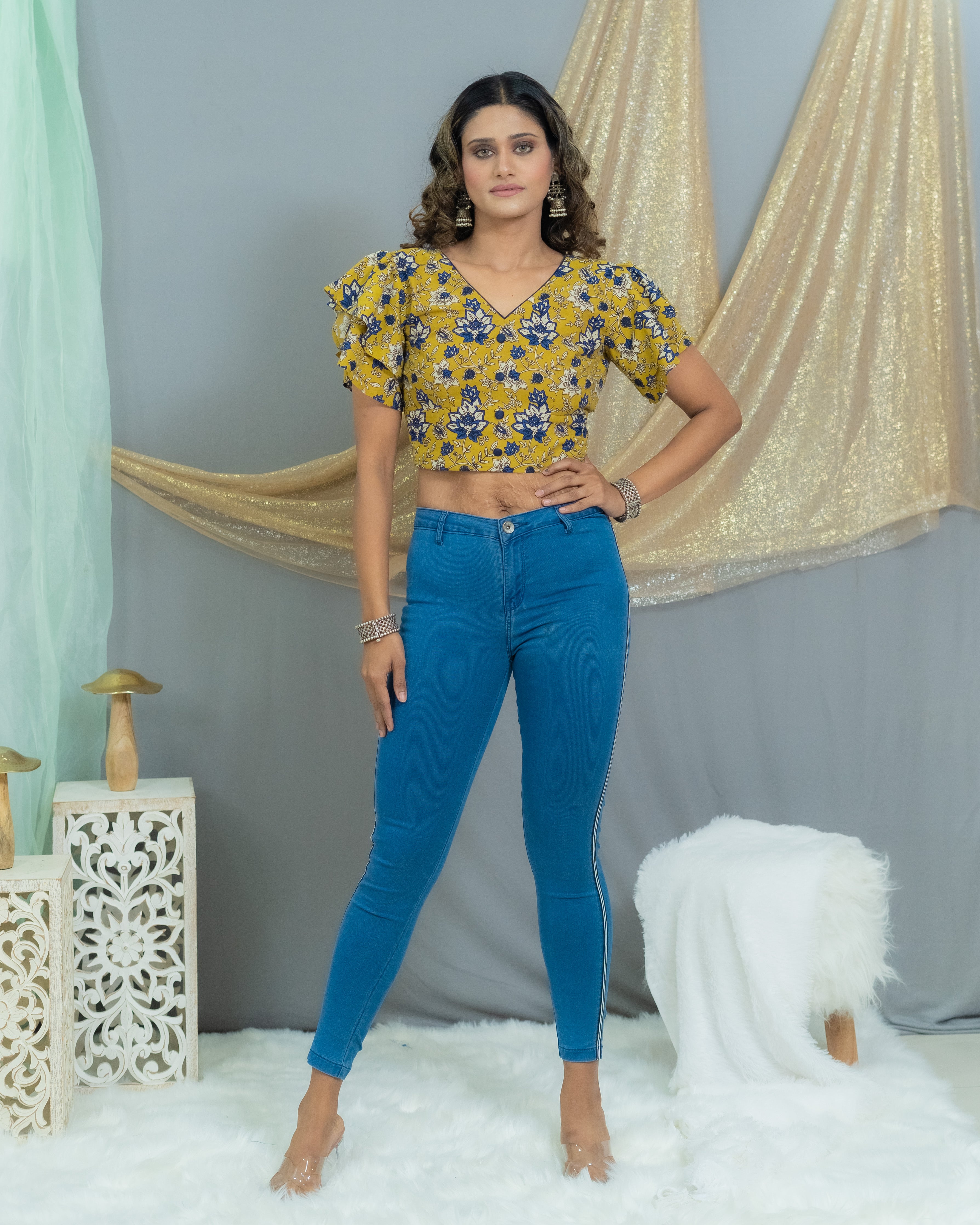 Mustard Kalamkari Bagru Handblock Printed cotton CropTop