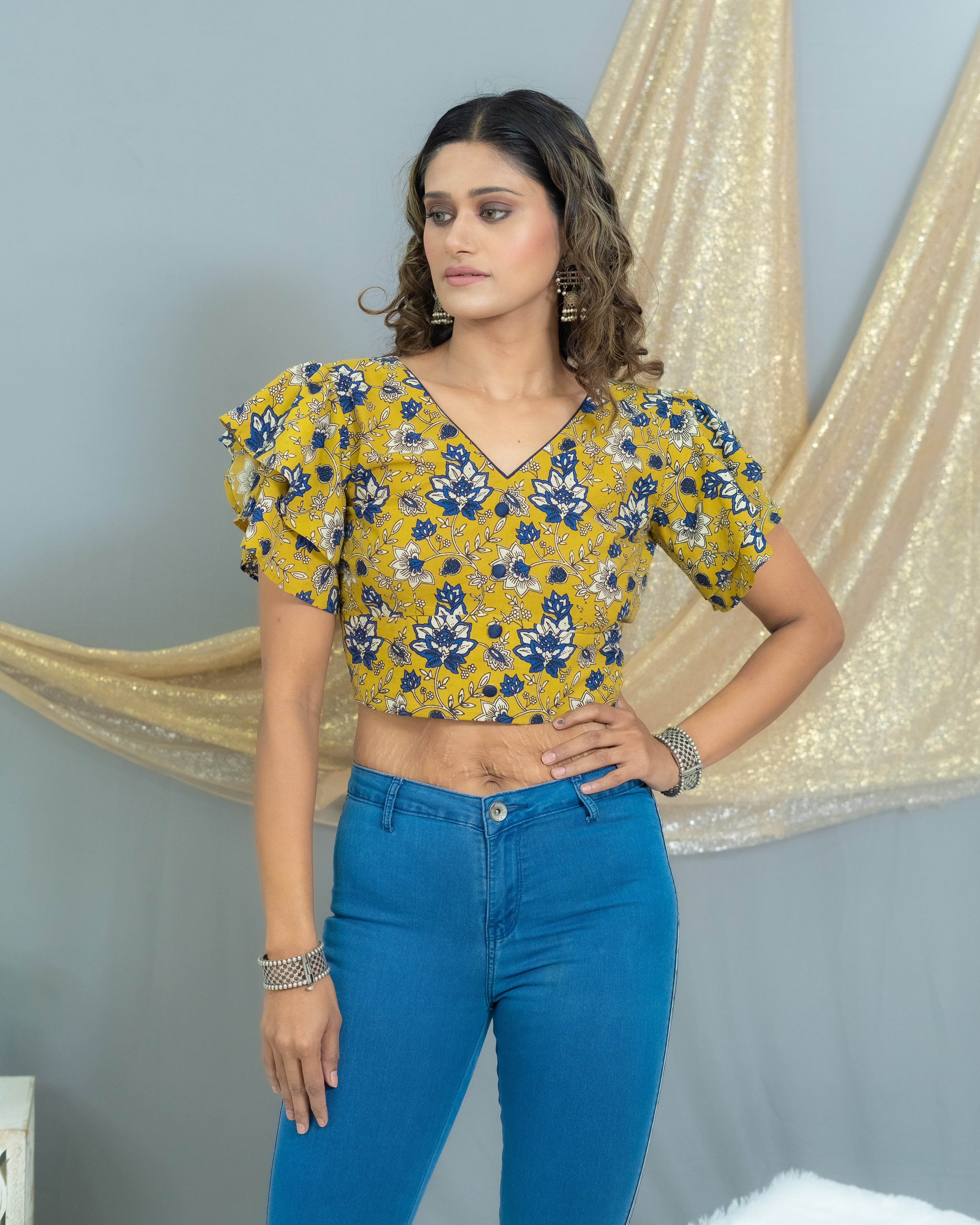 Mustard Kalamkari Bagru Handblock Printed cotton CropTop